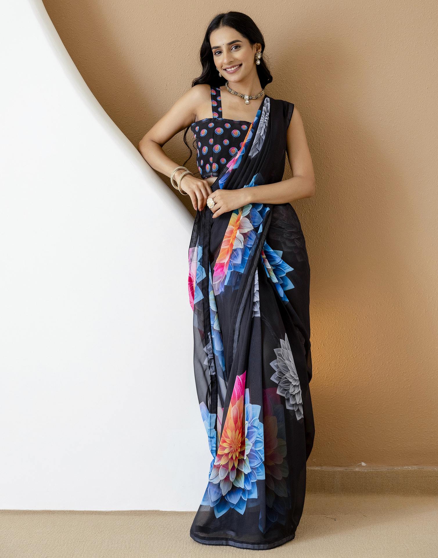Ready To Wear Black Georgette Floral Printed Saree