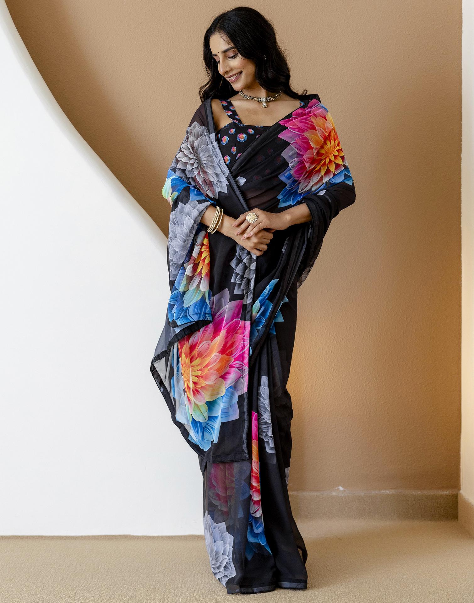 Ready To Wear Black Georgette Floral Printed Saree