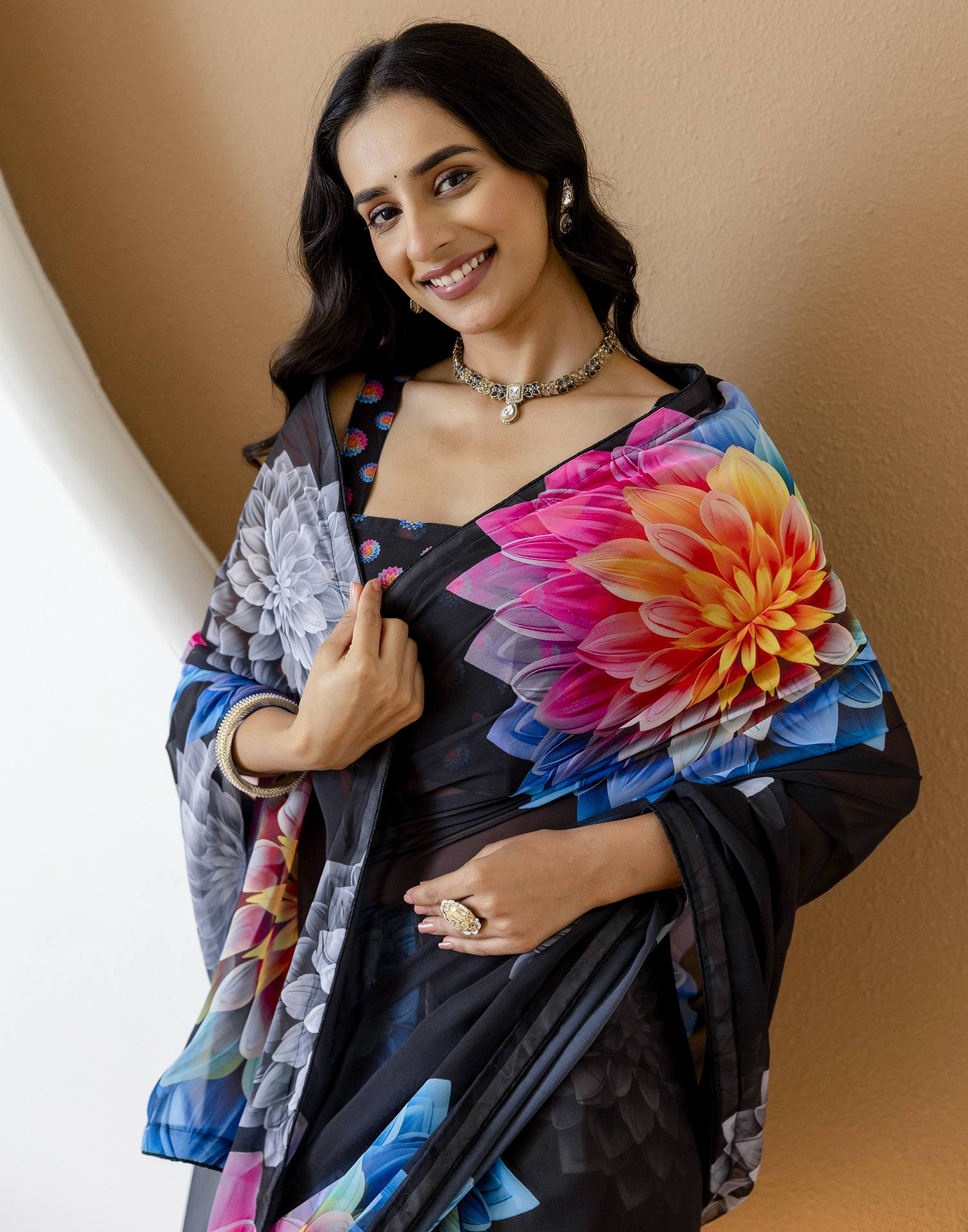 Ready To Wear Black Georgette Floral Printed Saree