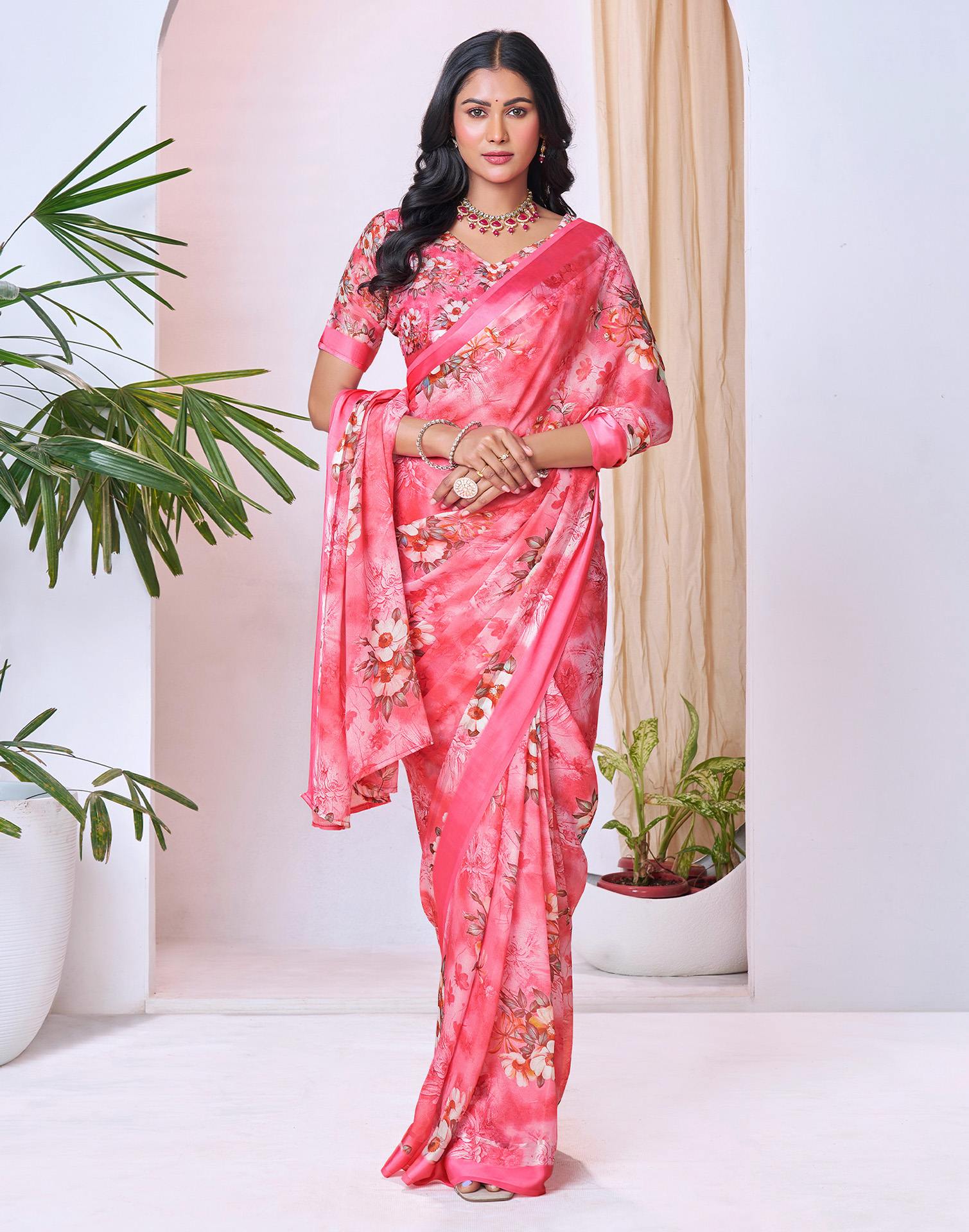 Ready To Wear Blush Pink Georgette Floral Printed Saree