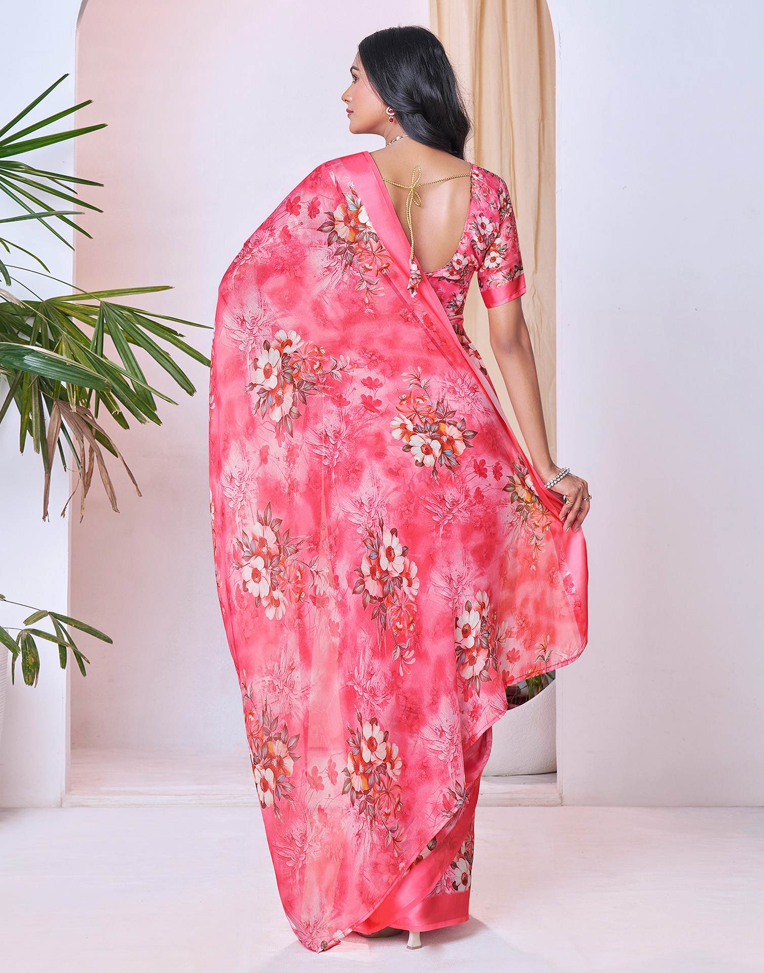 Ready To Wear Blush Pink Georgette Floral Printed Saree