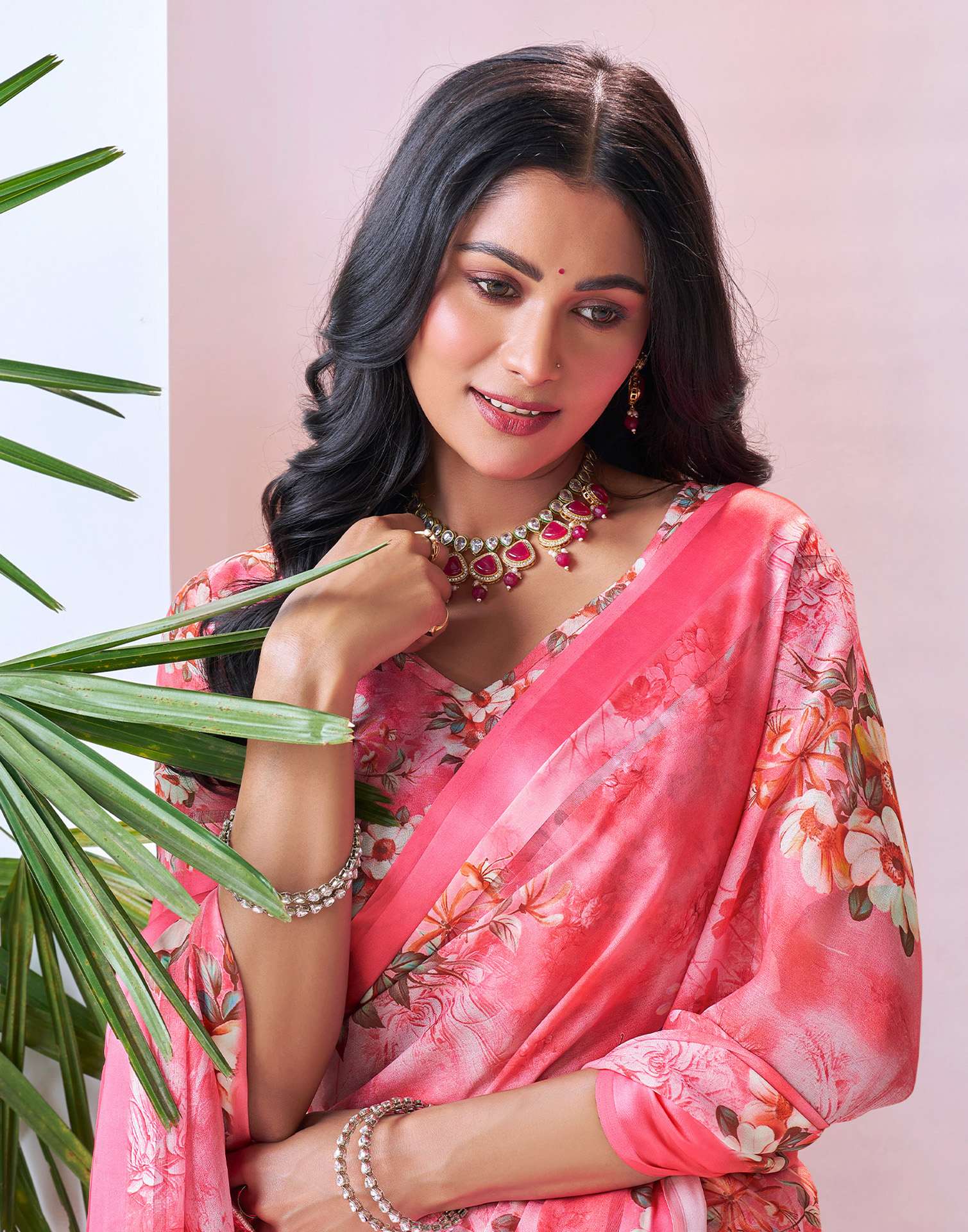 Ready To Wear Blush Pink Georgette Floral Printed Saree