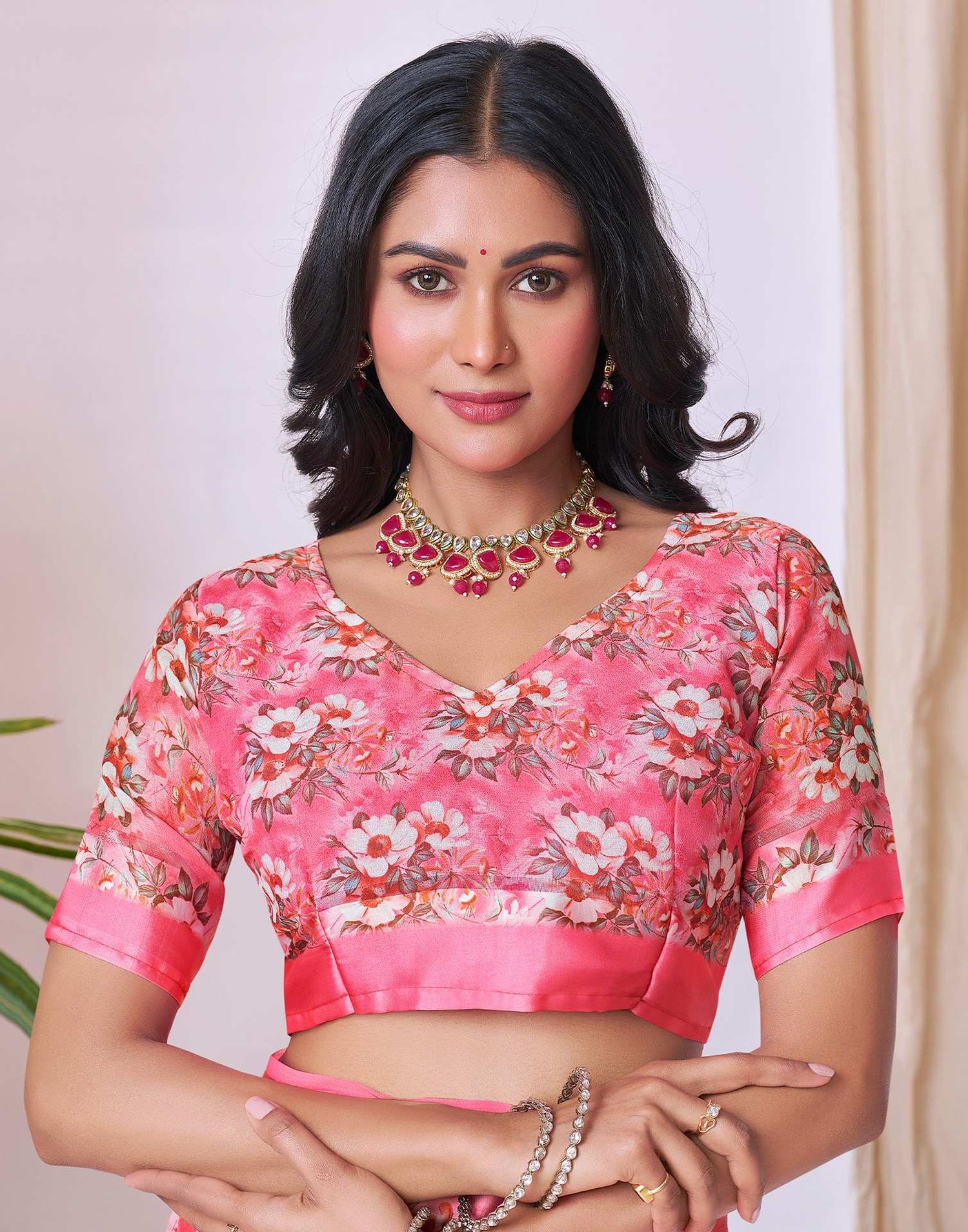 Ready To Wear Blush Pink Georgette Floral Printed Saree