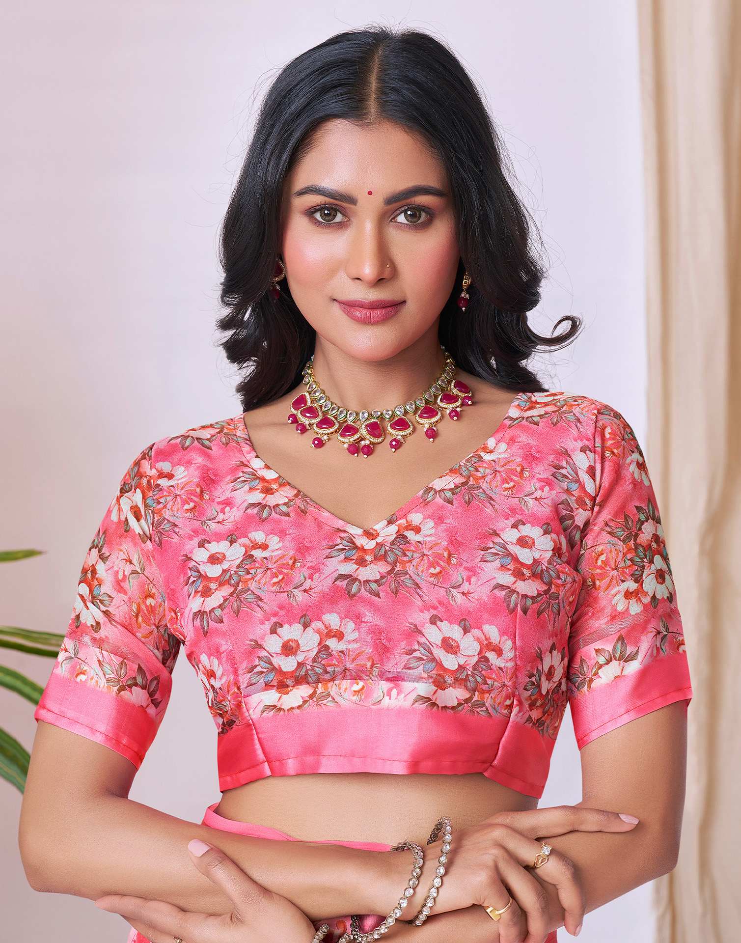 Ready To Wear Blush Pink Georgette Floral Printed Saree