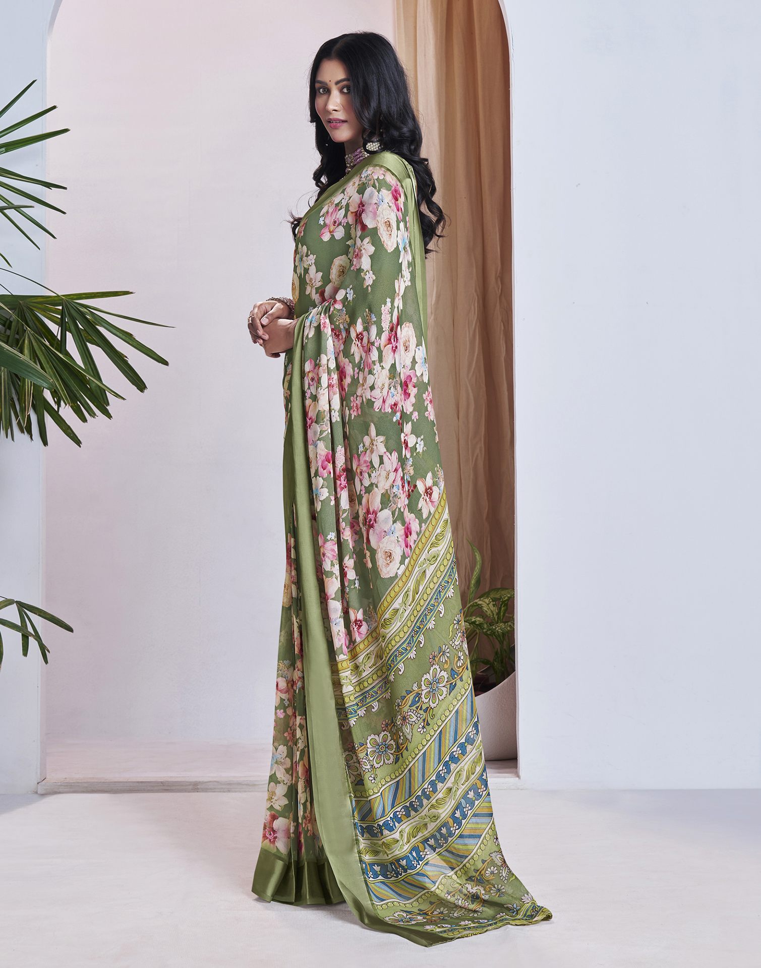 Ready To Wear Olive Green Georgette Floral Printed Saree