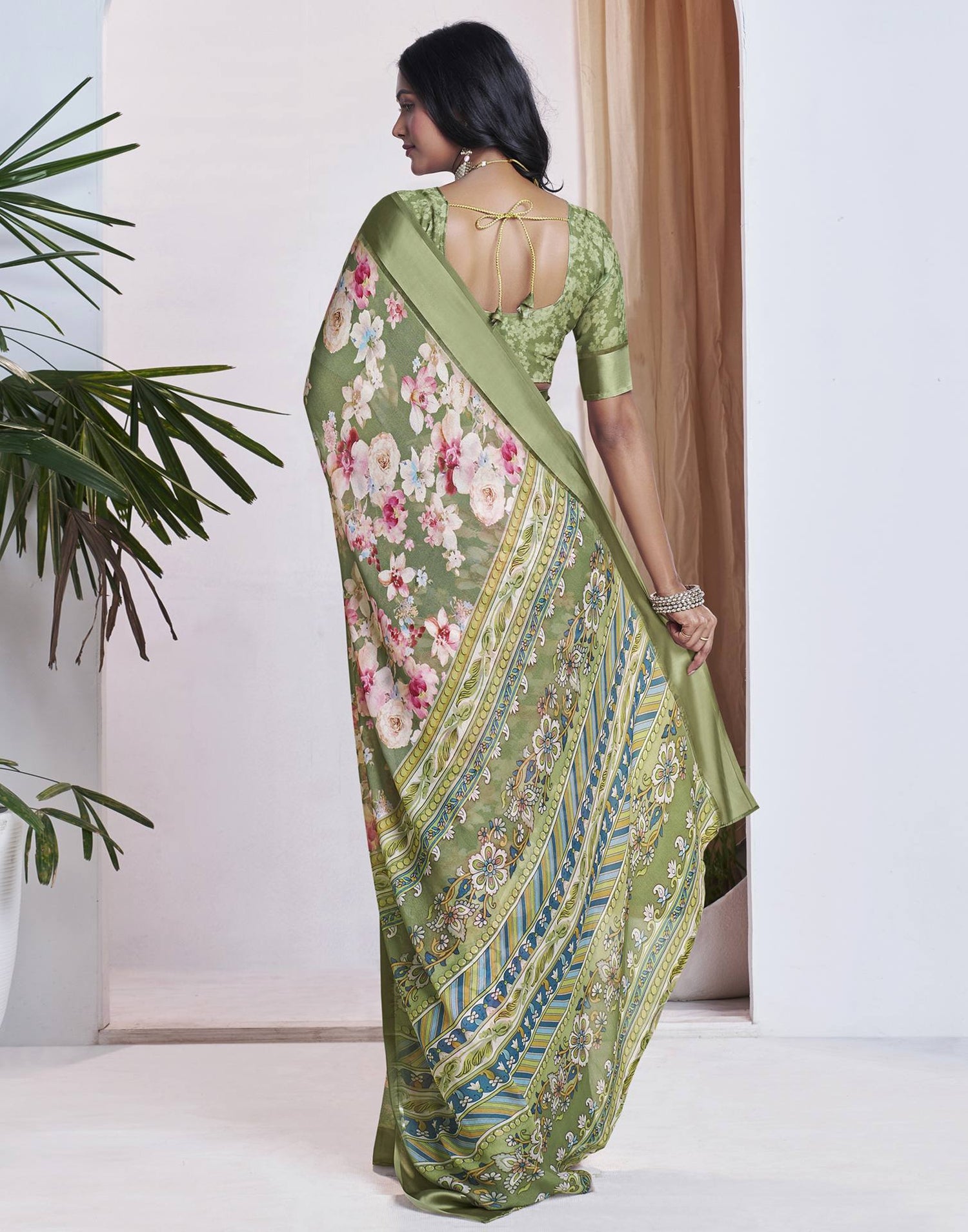 Ready To Wear Olive Green Georgette Floral Printed Saree