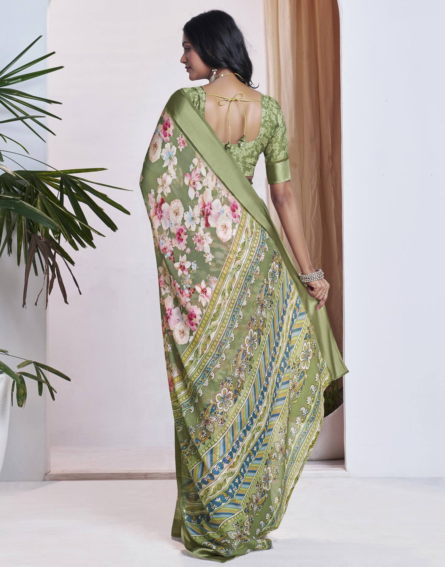 Ready To Wear Olive Green Georgette Floral Printed Saree