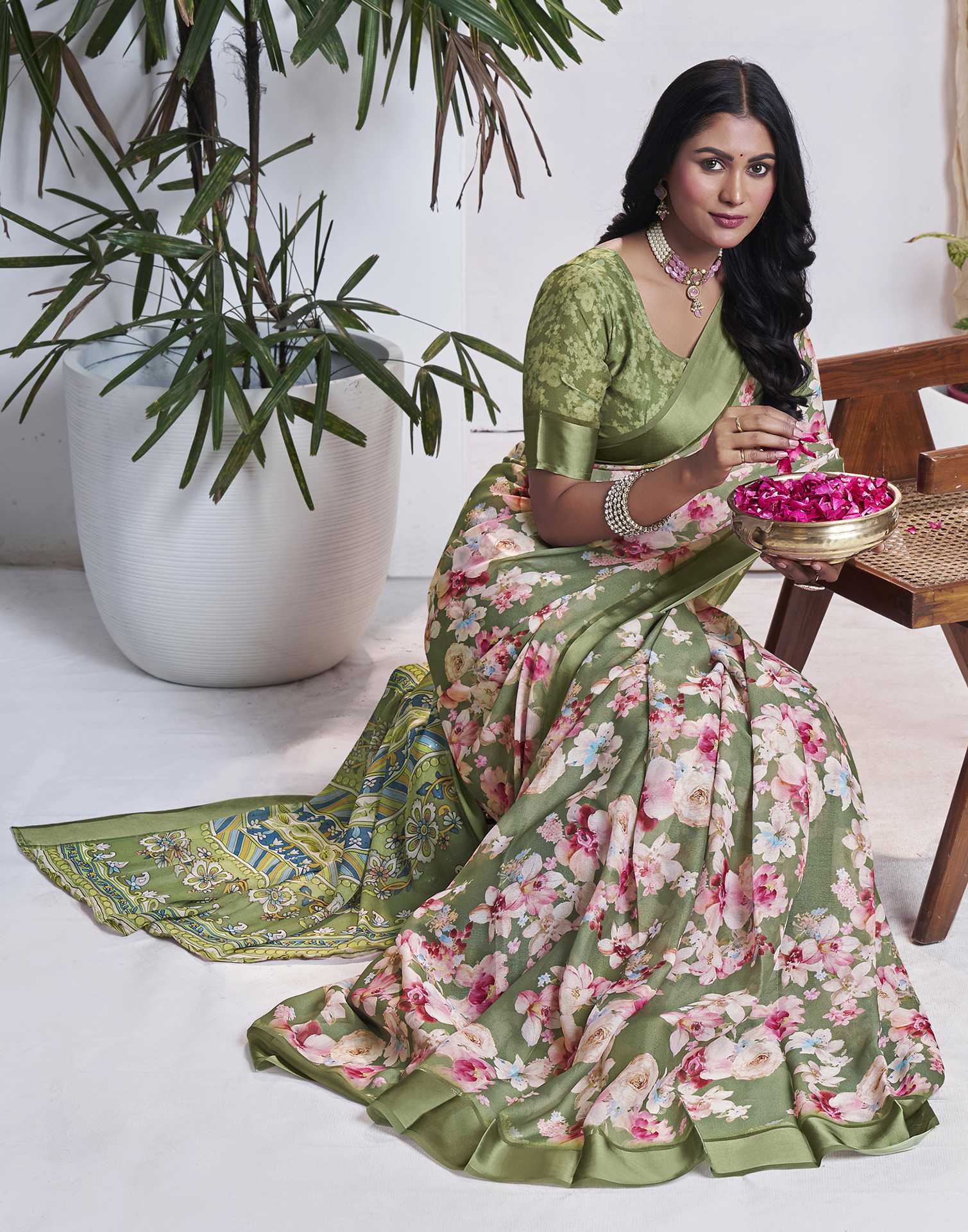 Ready To Wear Olive Green Georgette Floral Printed Saree