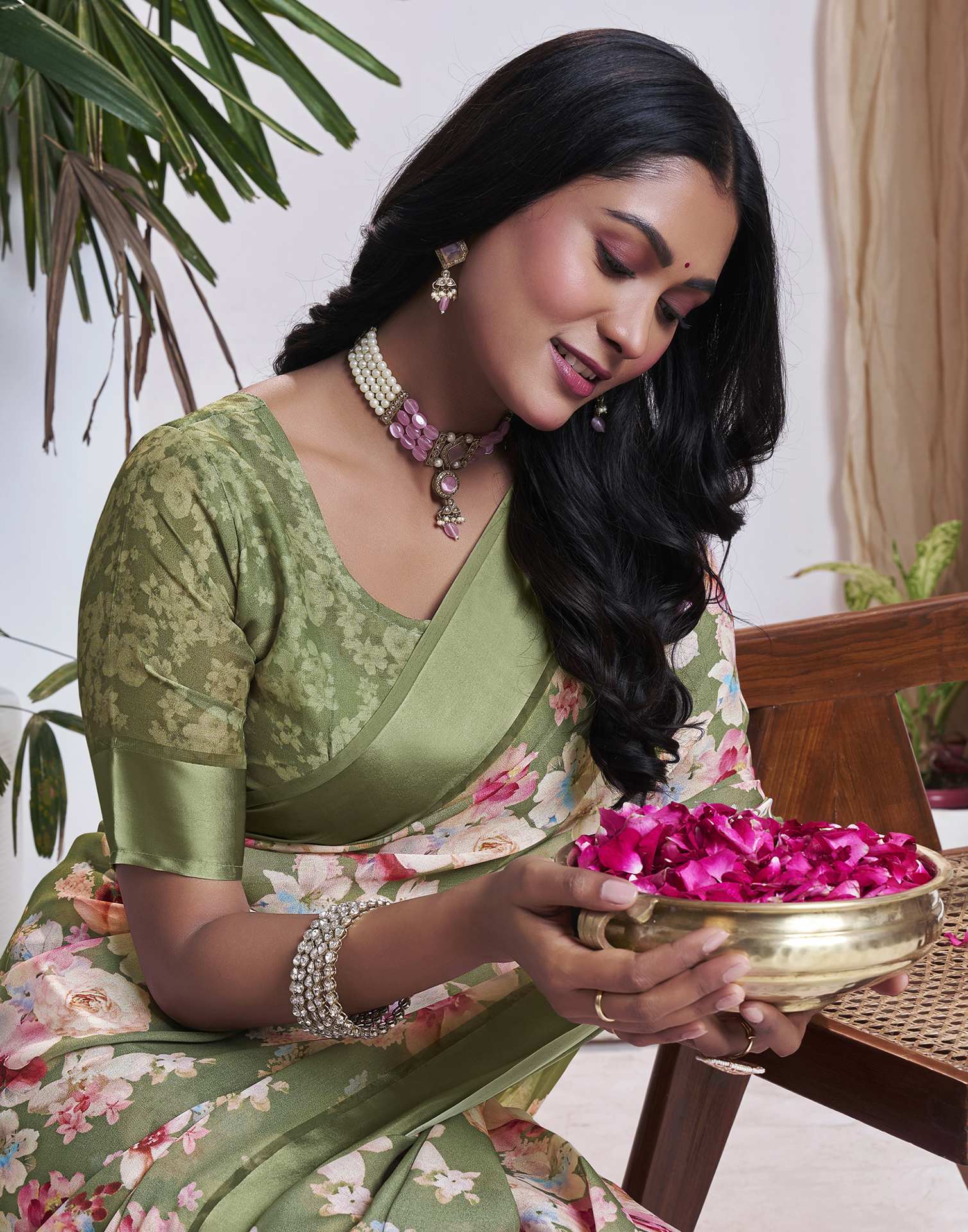 Ready To Wear Olive Green Georgette Floral Printed Saree