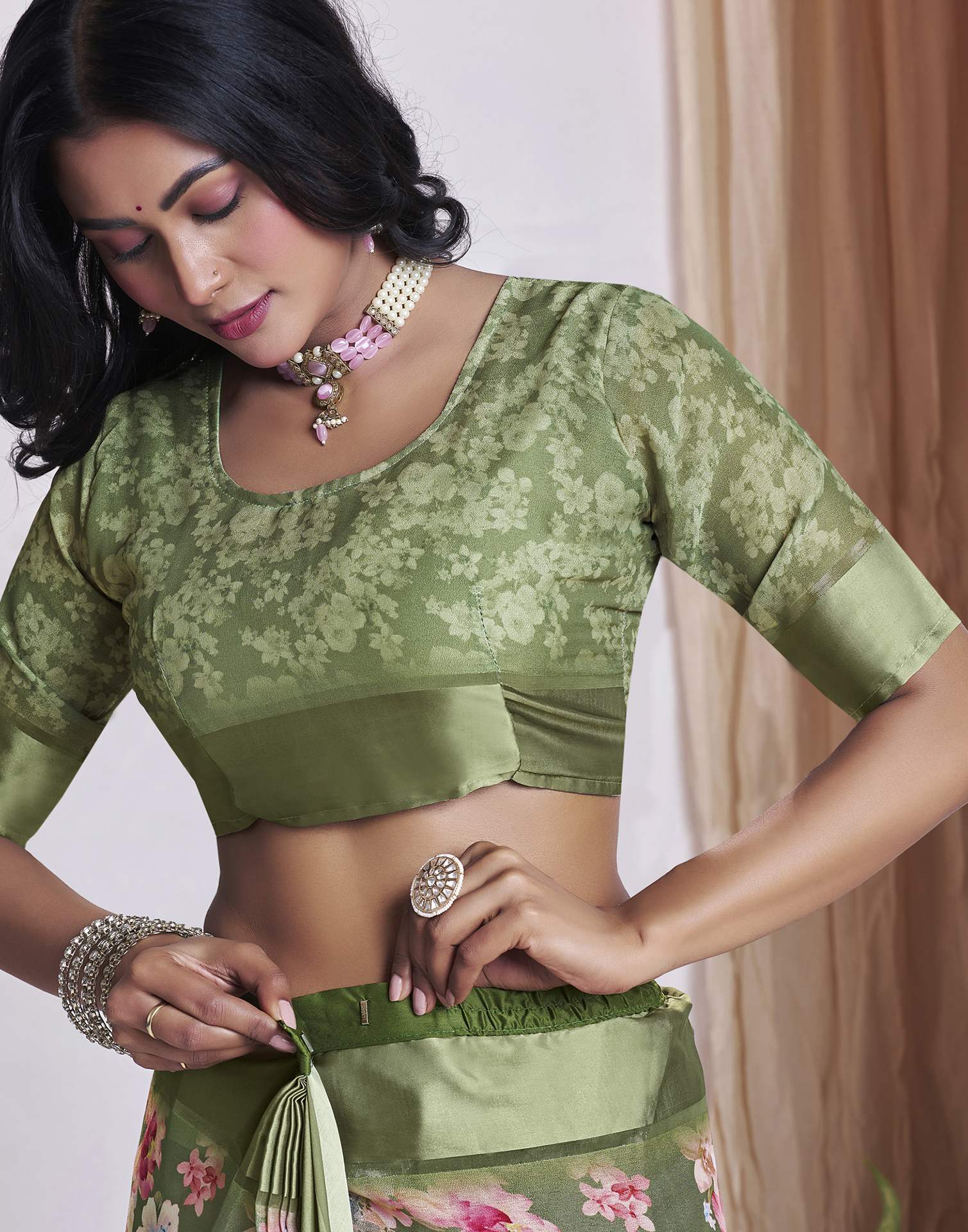 Ready To Wear Olive Green Georgette Floral Printed Saree
