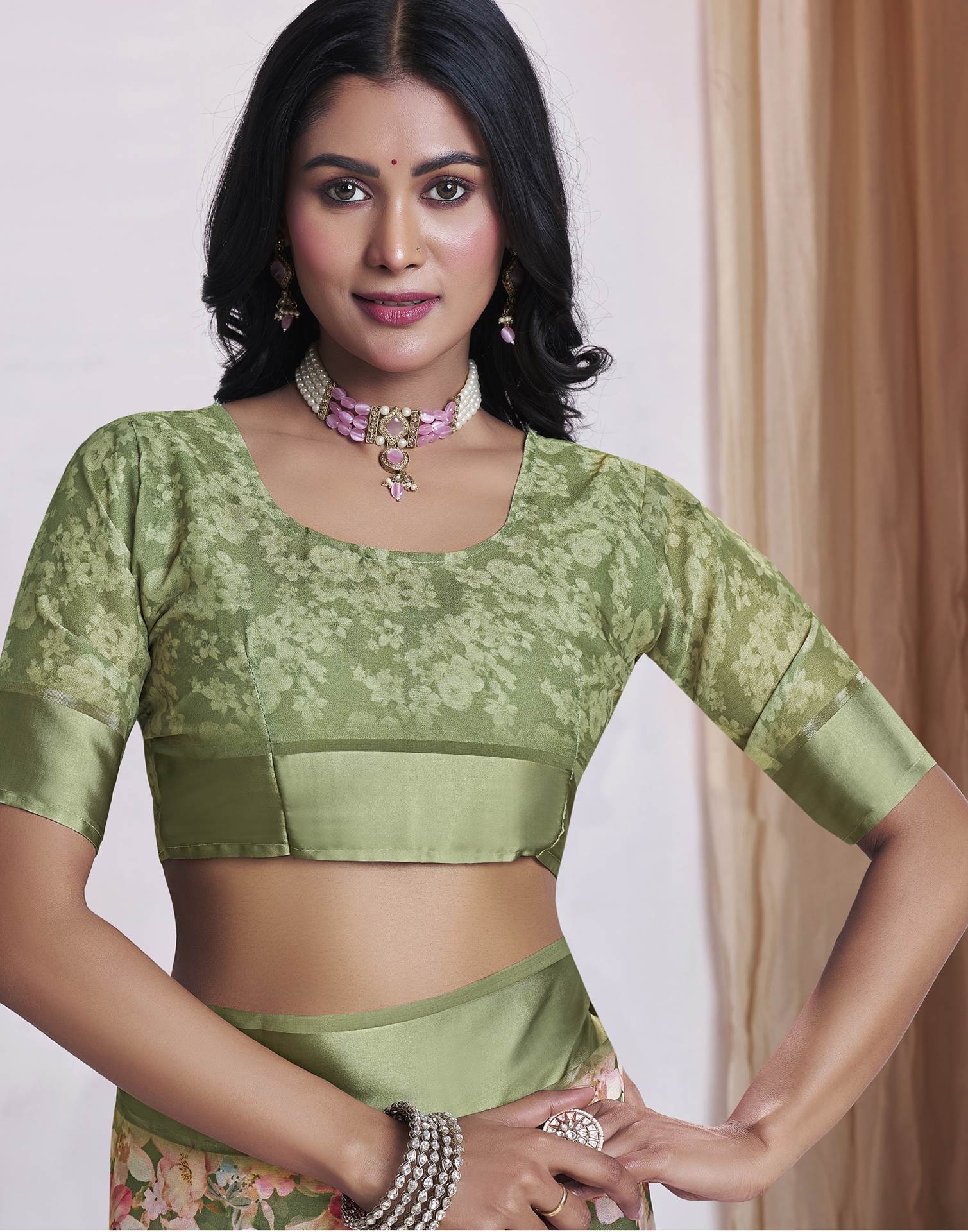 Ready To Wear Olive Green Georgette Floral Printed Saree