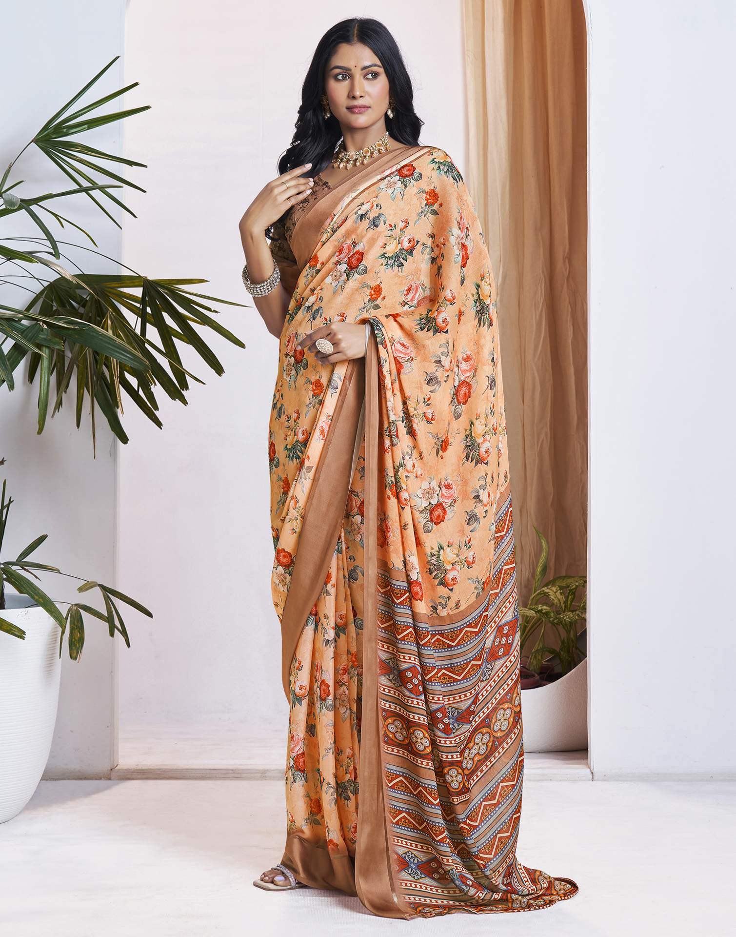 Ready To Wear Light Orange Georgette Floral Printed Saree