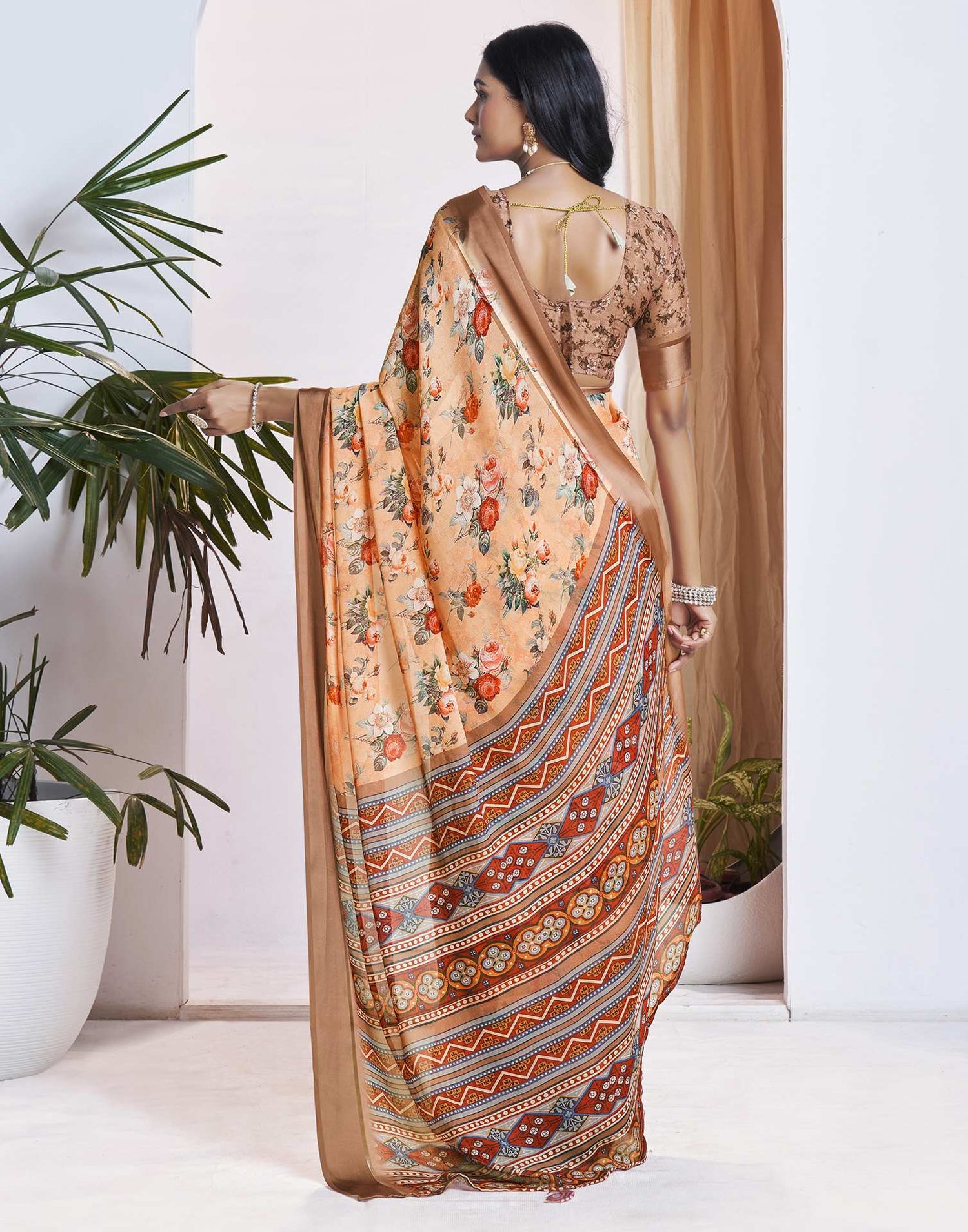 Ready To Wear Light Orange Georgette Floral Printed Saree