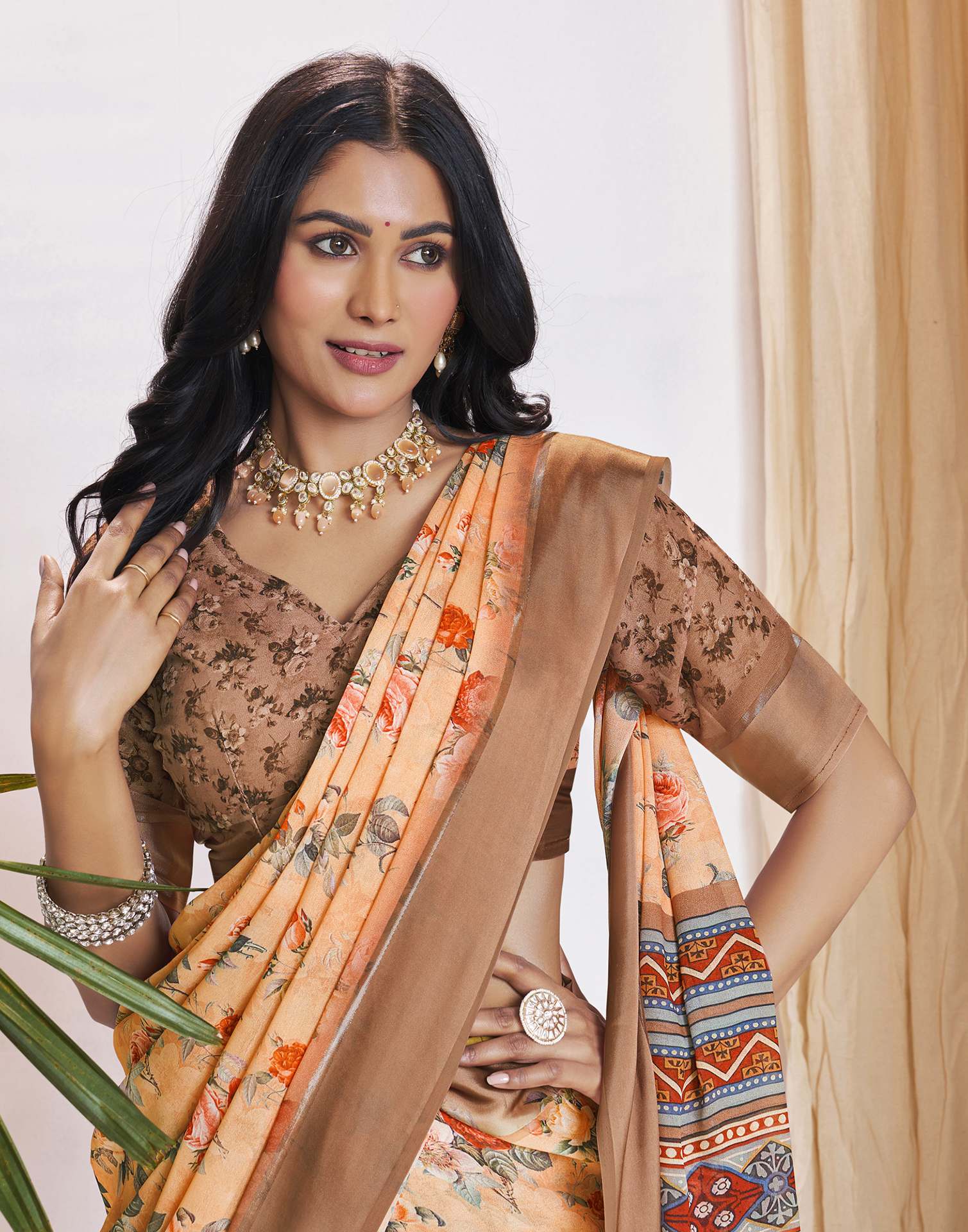 Ready To Wear Light Orange Georgette Floral Printed Saree