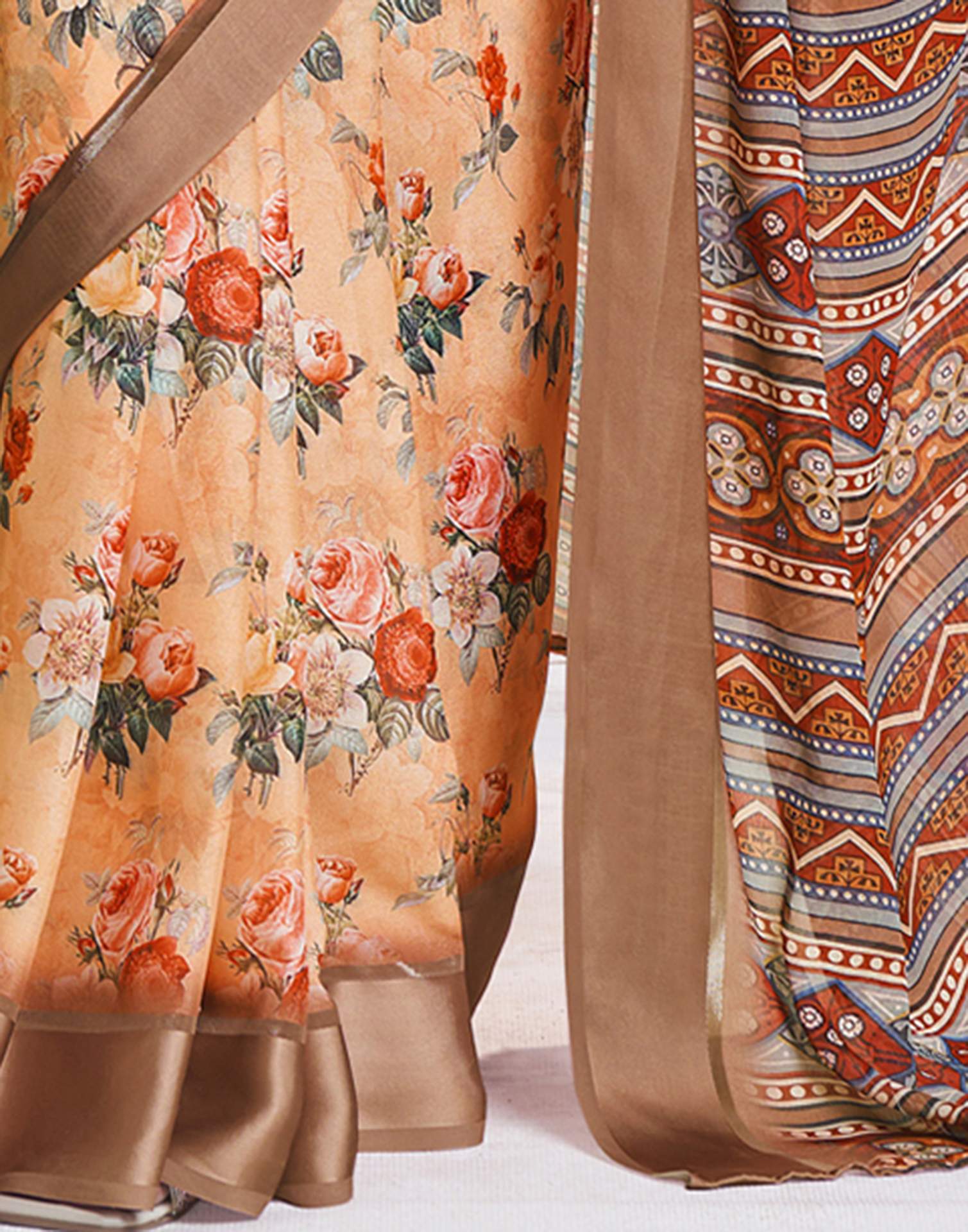 Ready To Wear Light Orange Georgette Floral Printed Saree
