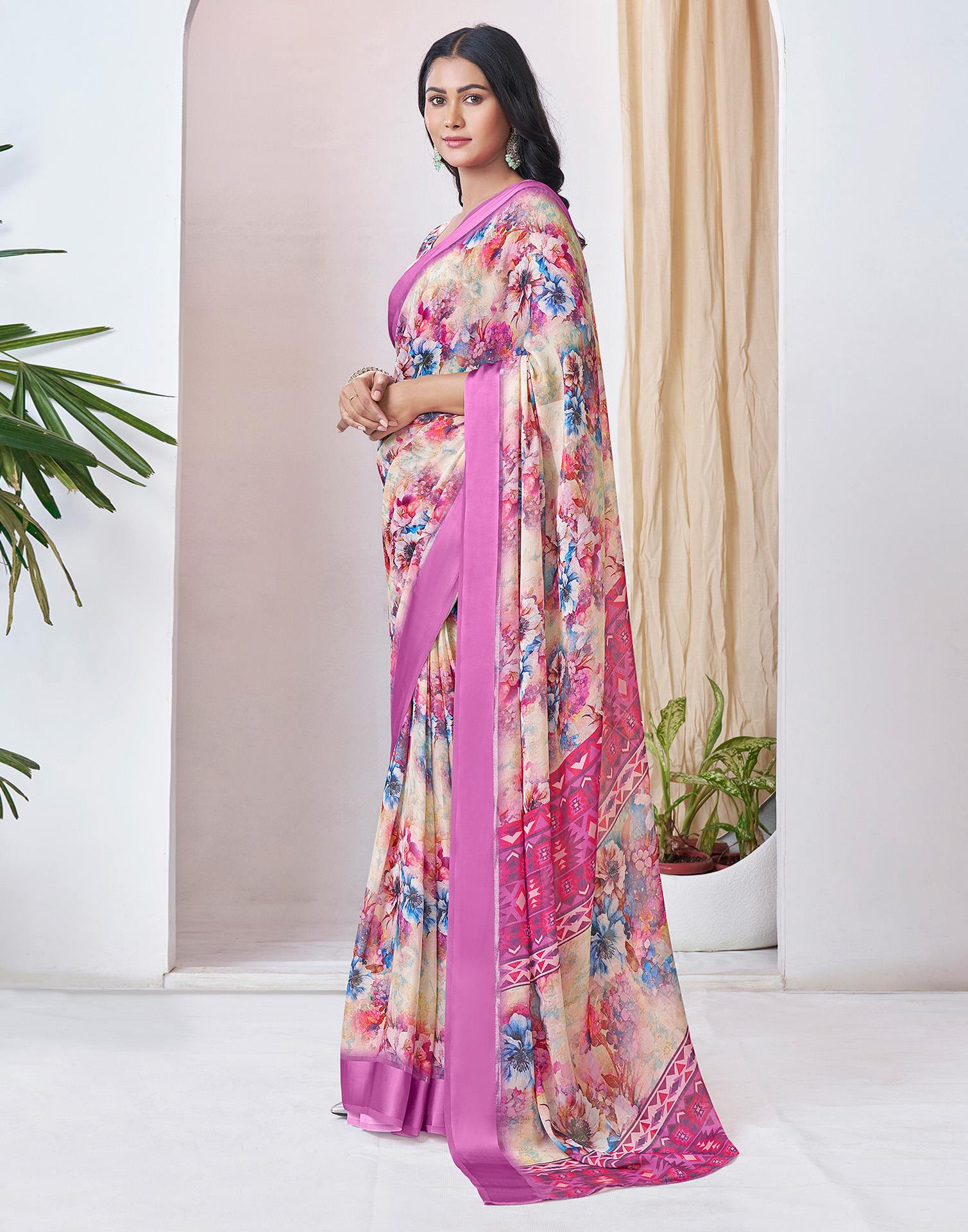 Ready To Wear Pink Georgette Floral Printed Saree