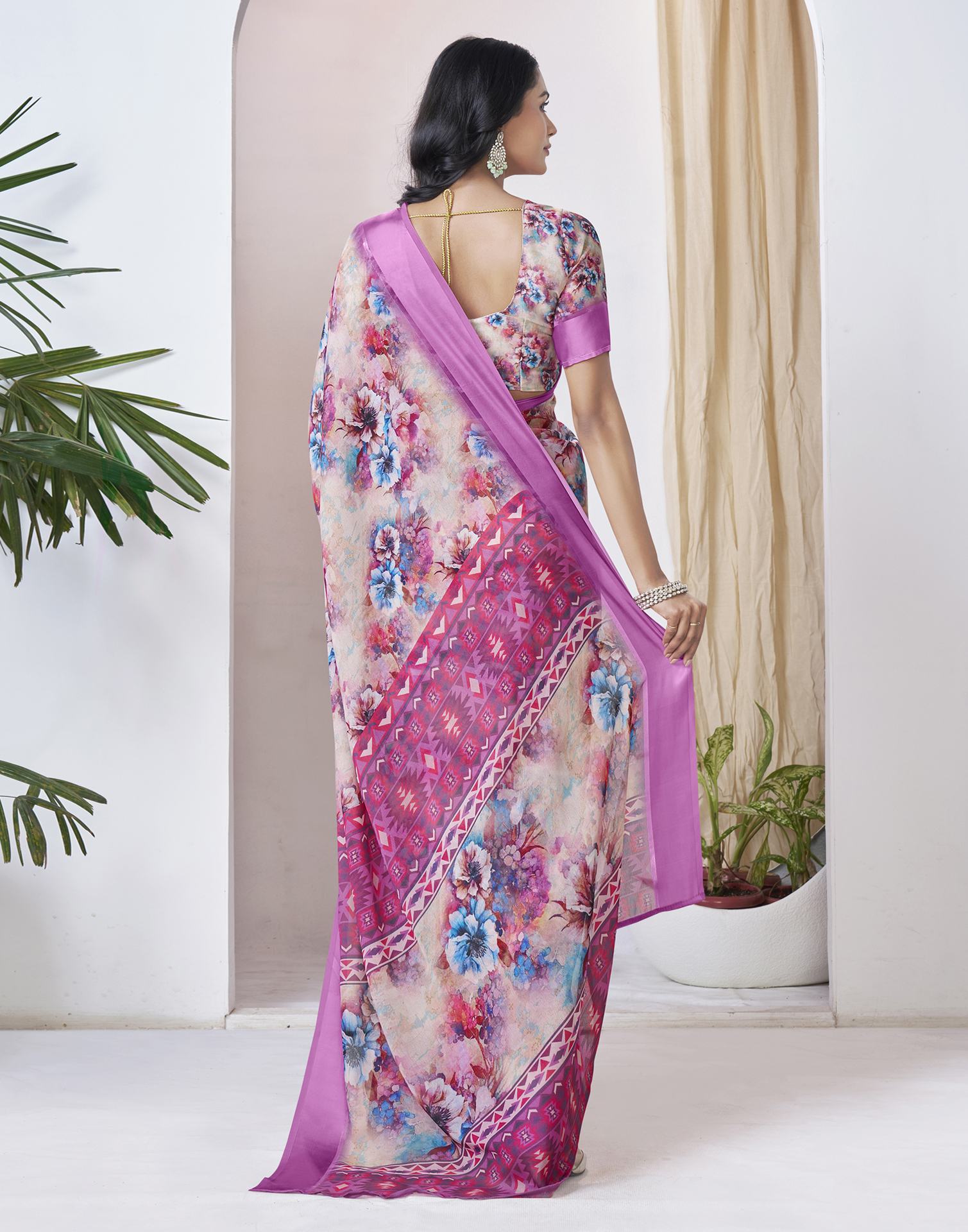 Ready To Wear Pink Georgette Floral Printed Saree