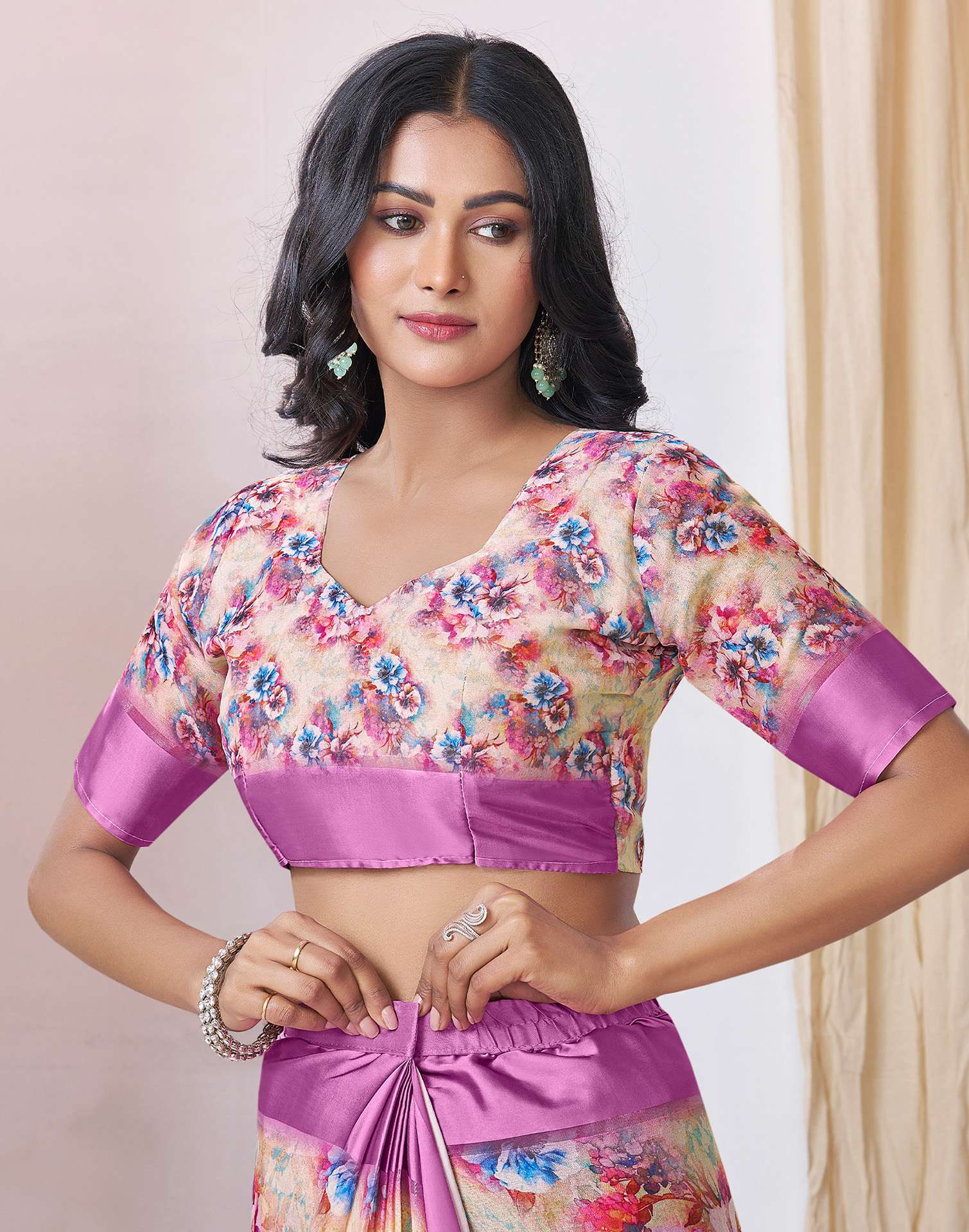 Ready To Wear Pink Georgette Floral Printed Saree