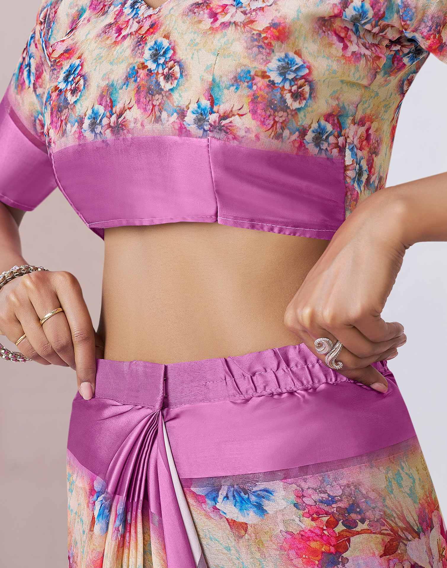 Ready To Wear Pink Georgette Floral Printed Saree
