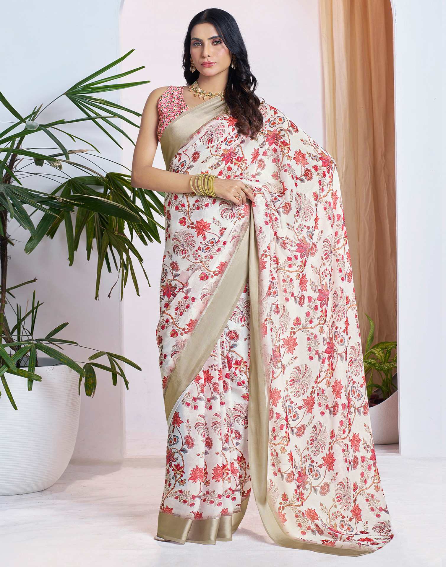 Ready To Wear White Georgette Floral Printed Saree