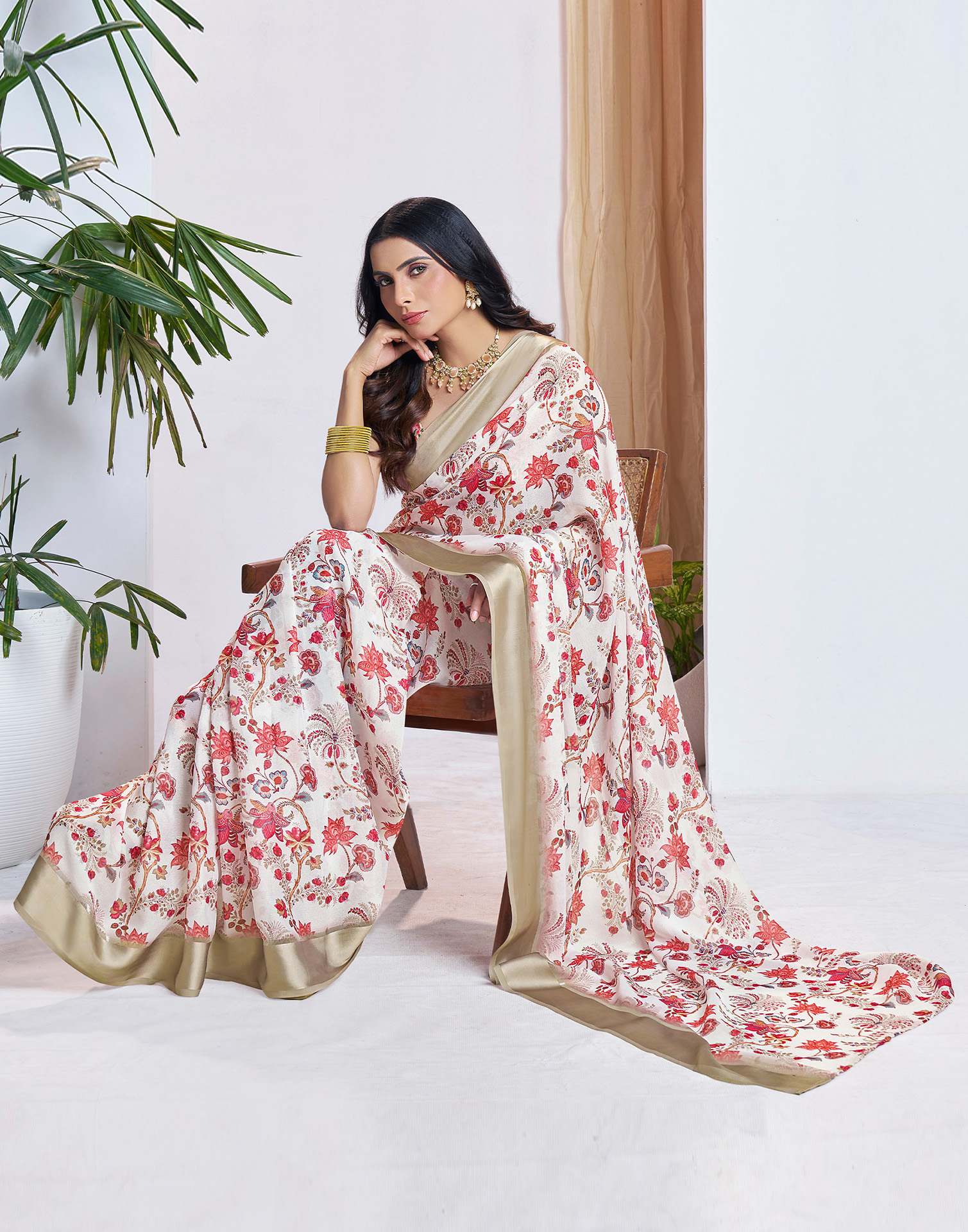 Ready To Wear White Georgette Floral Printed Saree