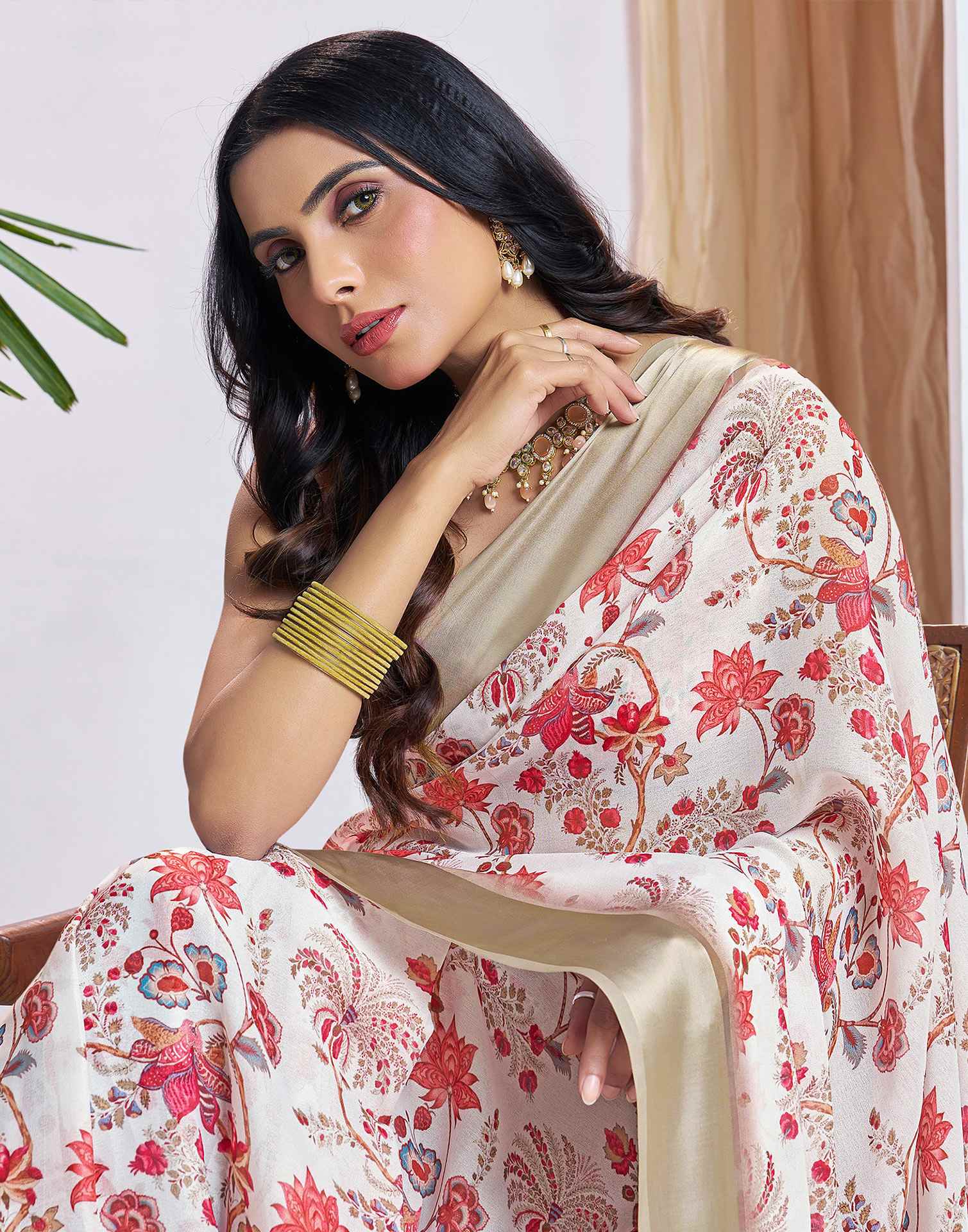 Ready To Wear White Georgette Floral Printed Saree