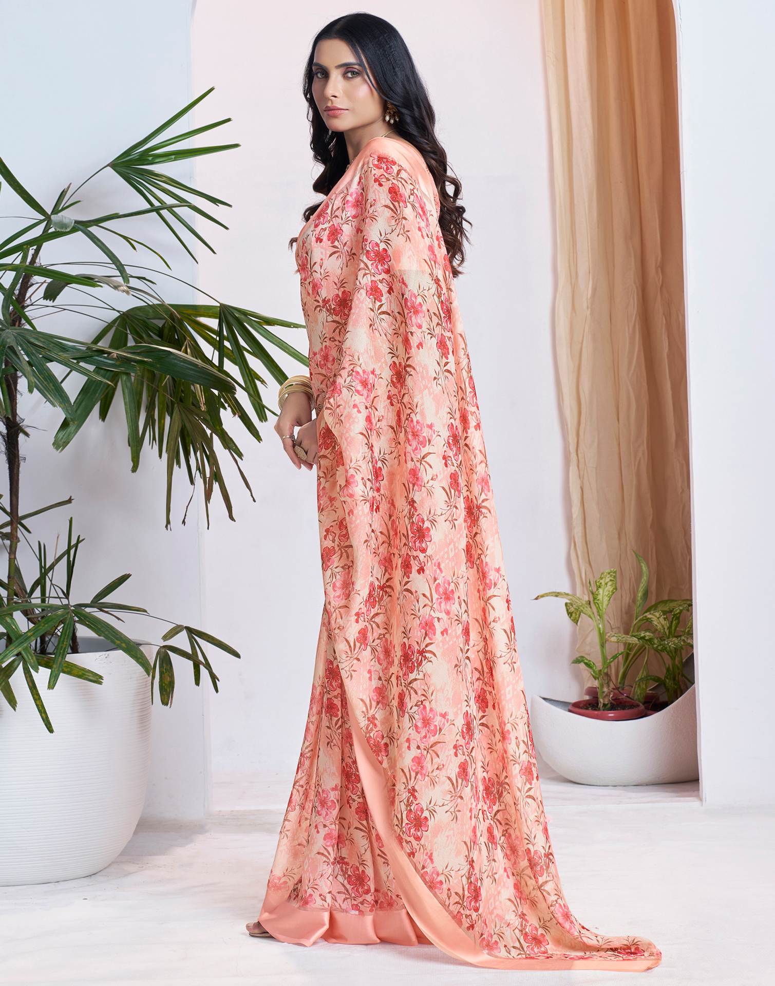 Ready To Wear Peach Georgette Floral Printed Saree