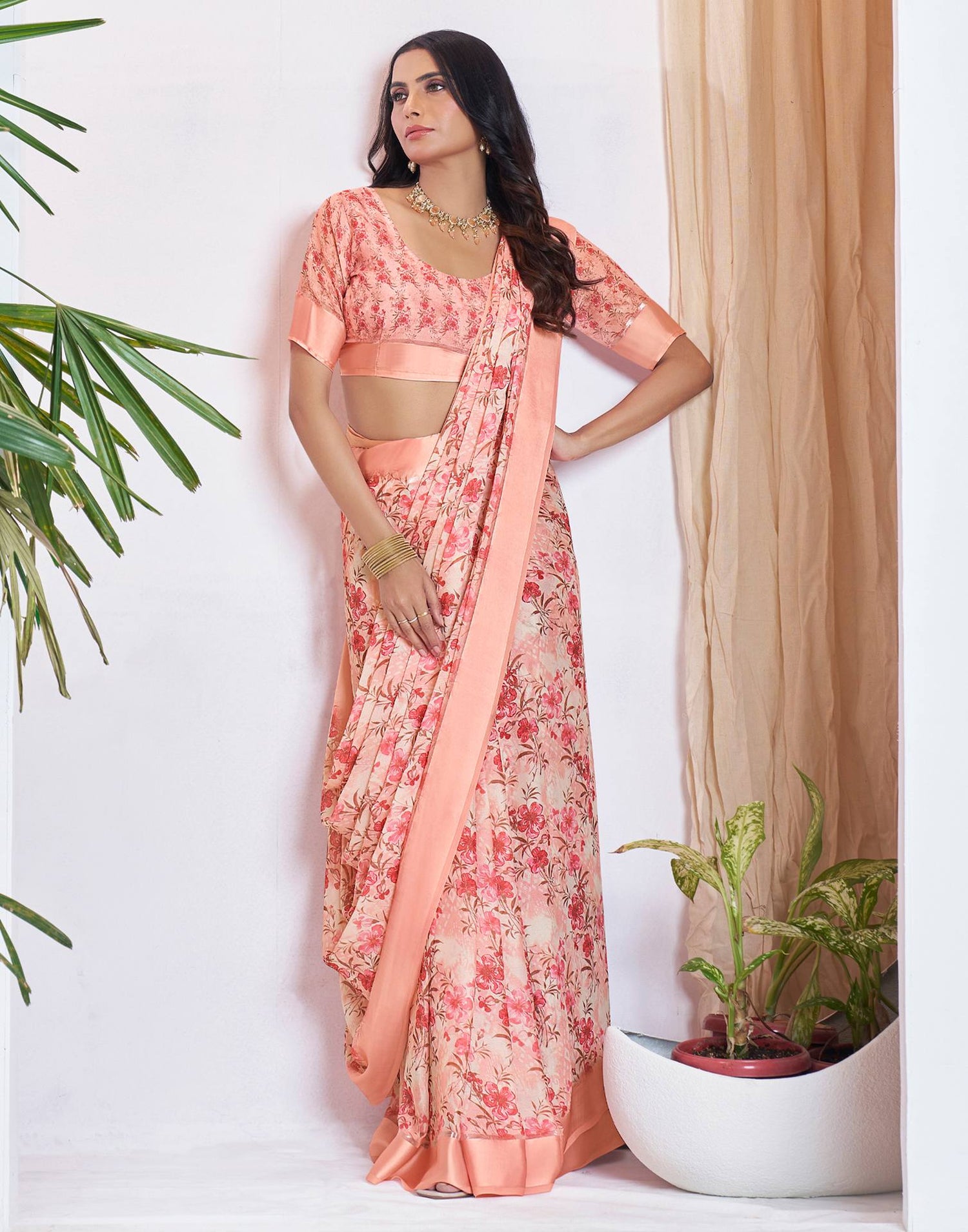 Ready To Wear Peach Georgette Floral Printed Saree