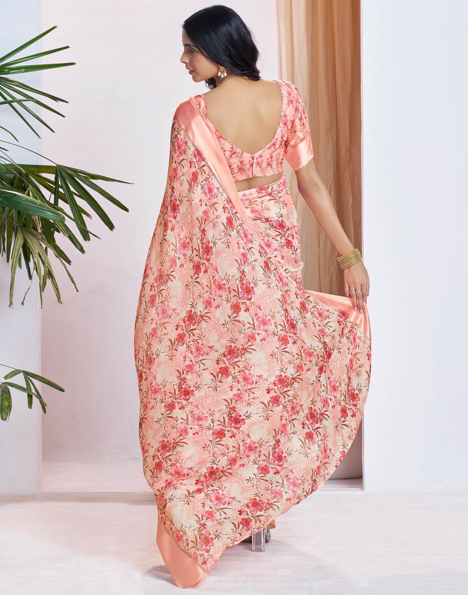Ready To Wear Peach Georgette Floral Printed Saree