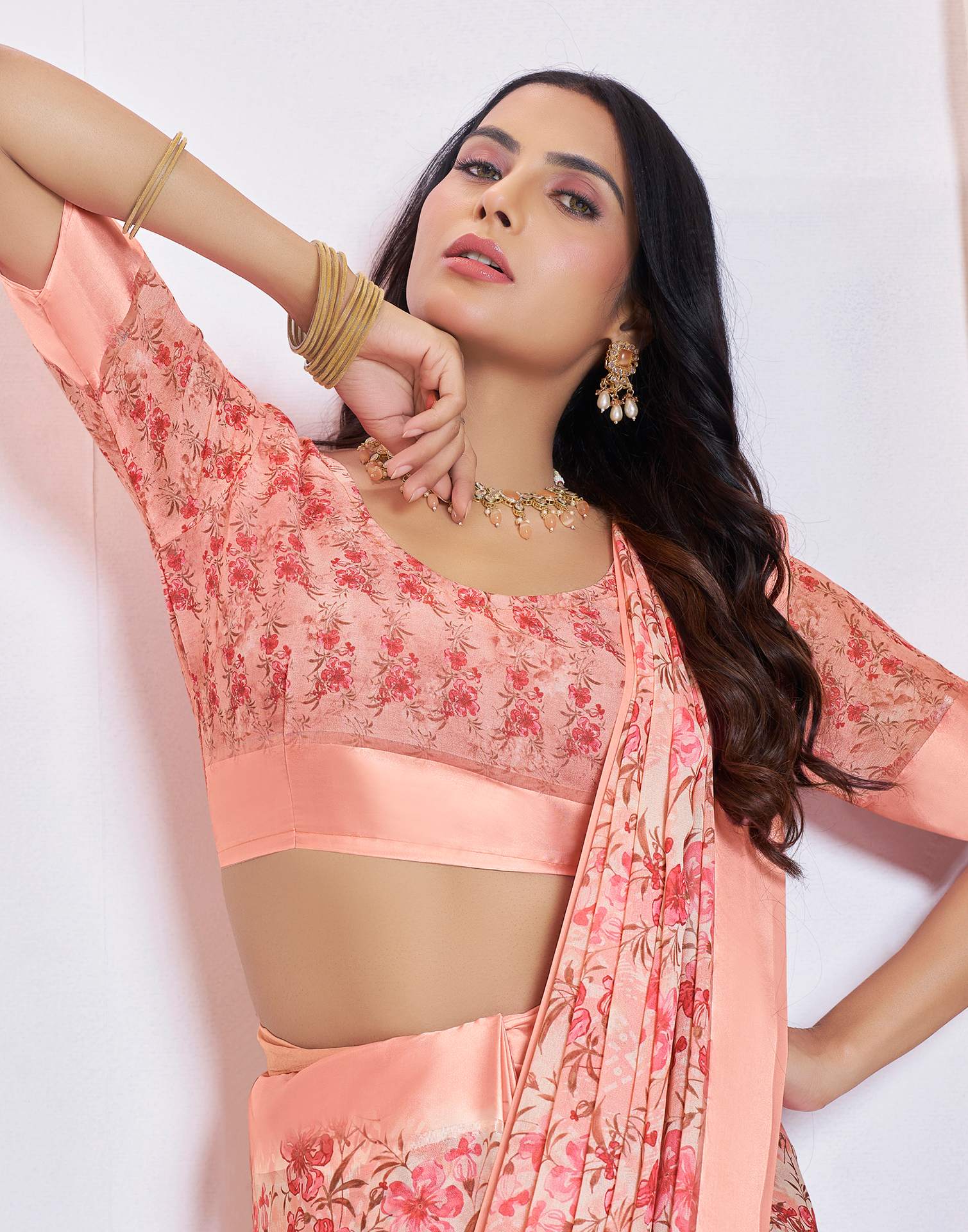Ready To Wear Peach Georgette Floral Printed Saree