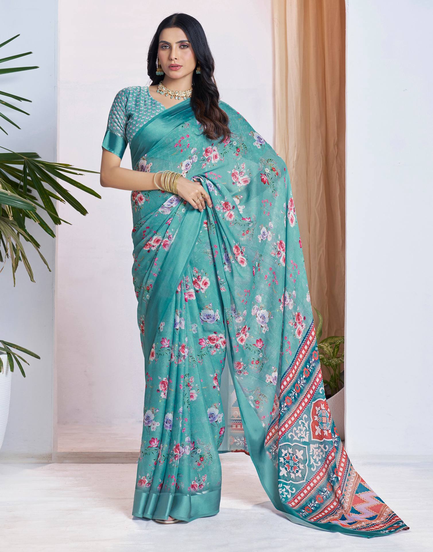 Ready To Wear Dusty Turquoise Georgette Floral Printed Saree