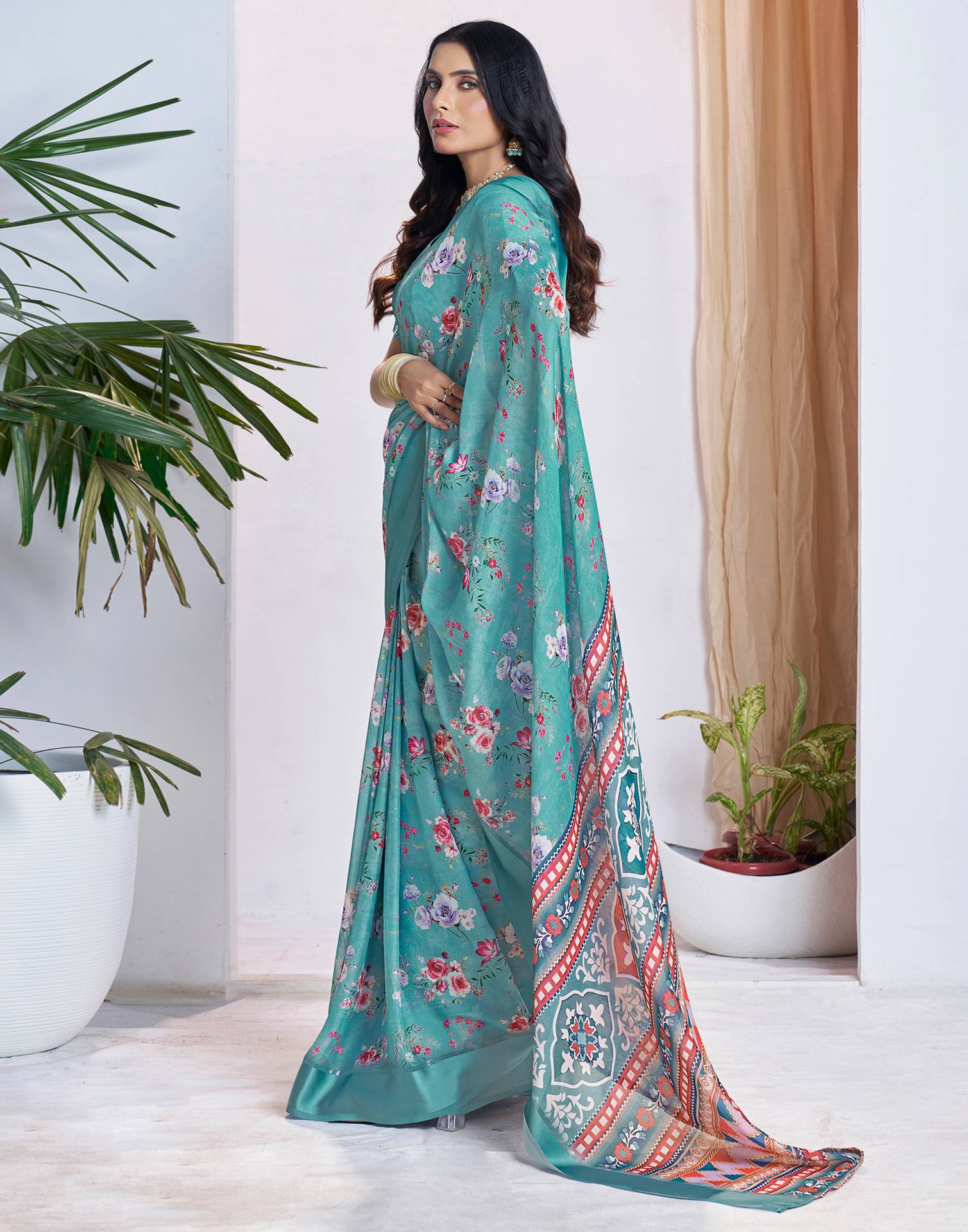 Ready To Wear Dusty Turquoise Georgette Floral Printed Saree