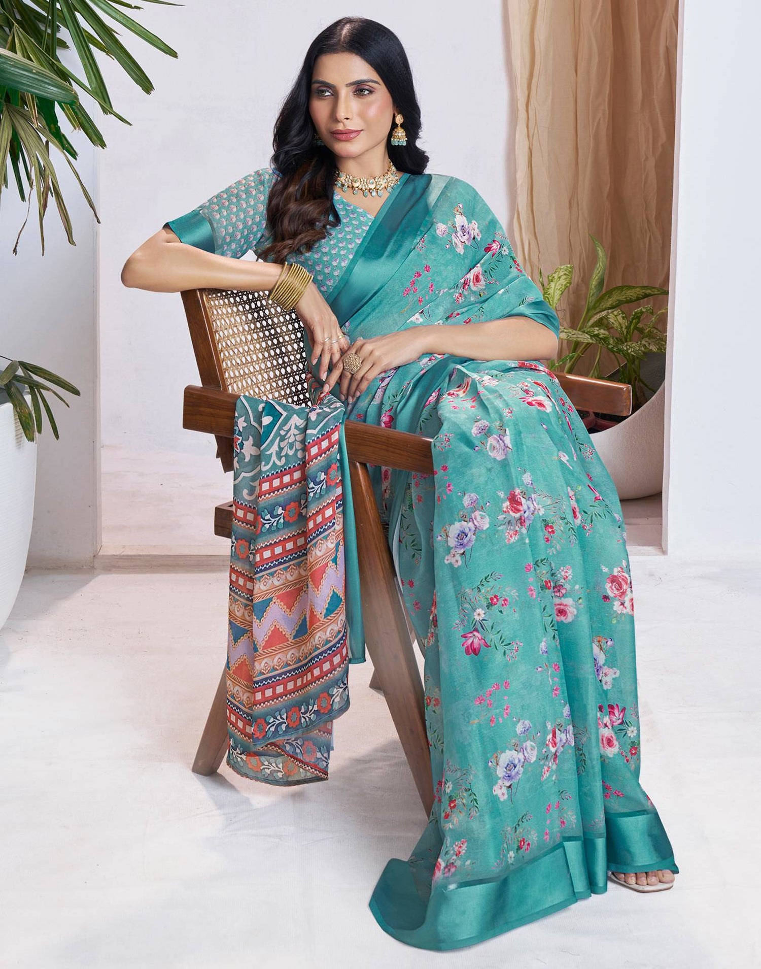 Ready To Wear Dusty Turquoise Georgette Floral Printed Saree