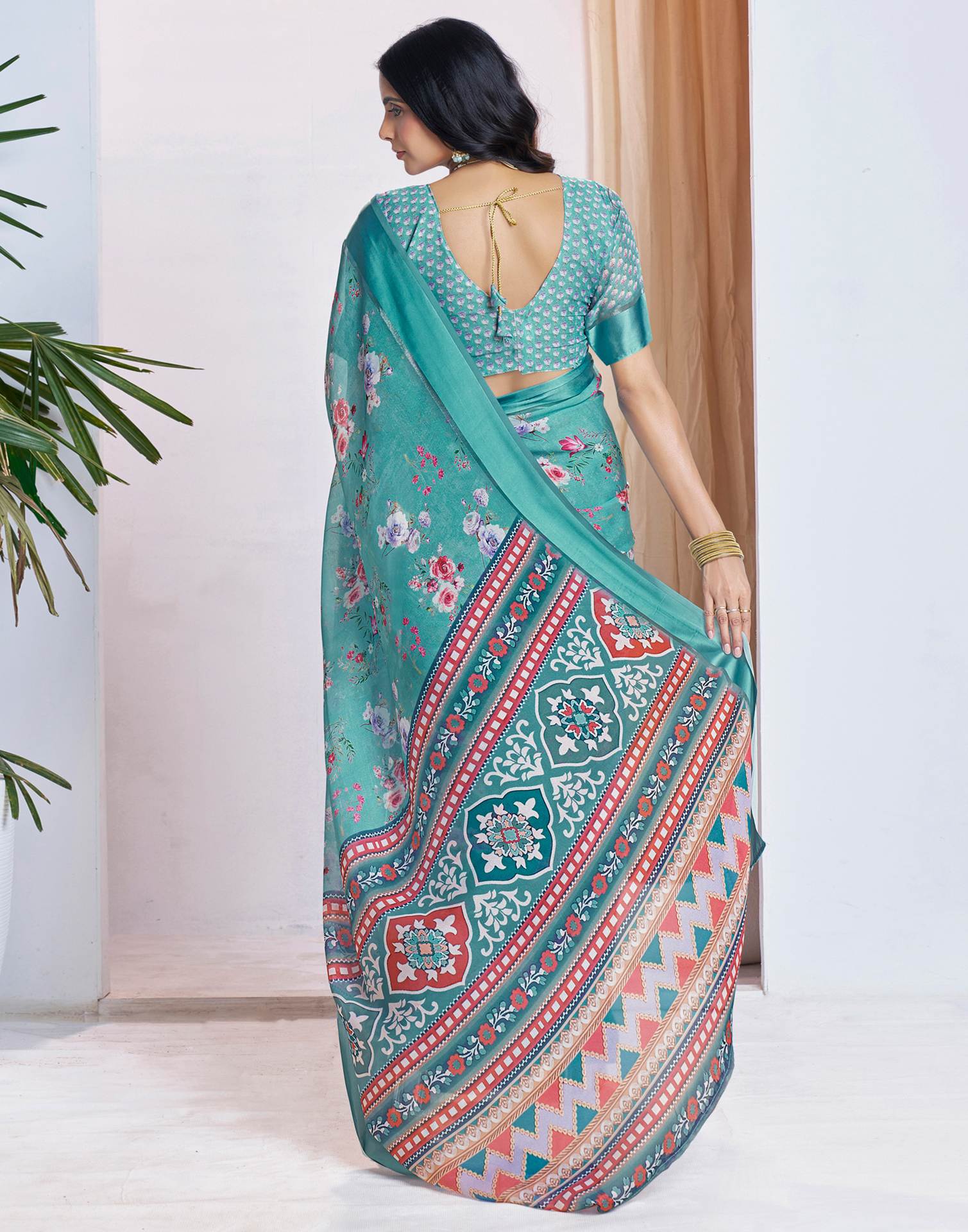 Ready To Wear Dusty Turquoise Georgette Floral Printed Saree
