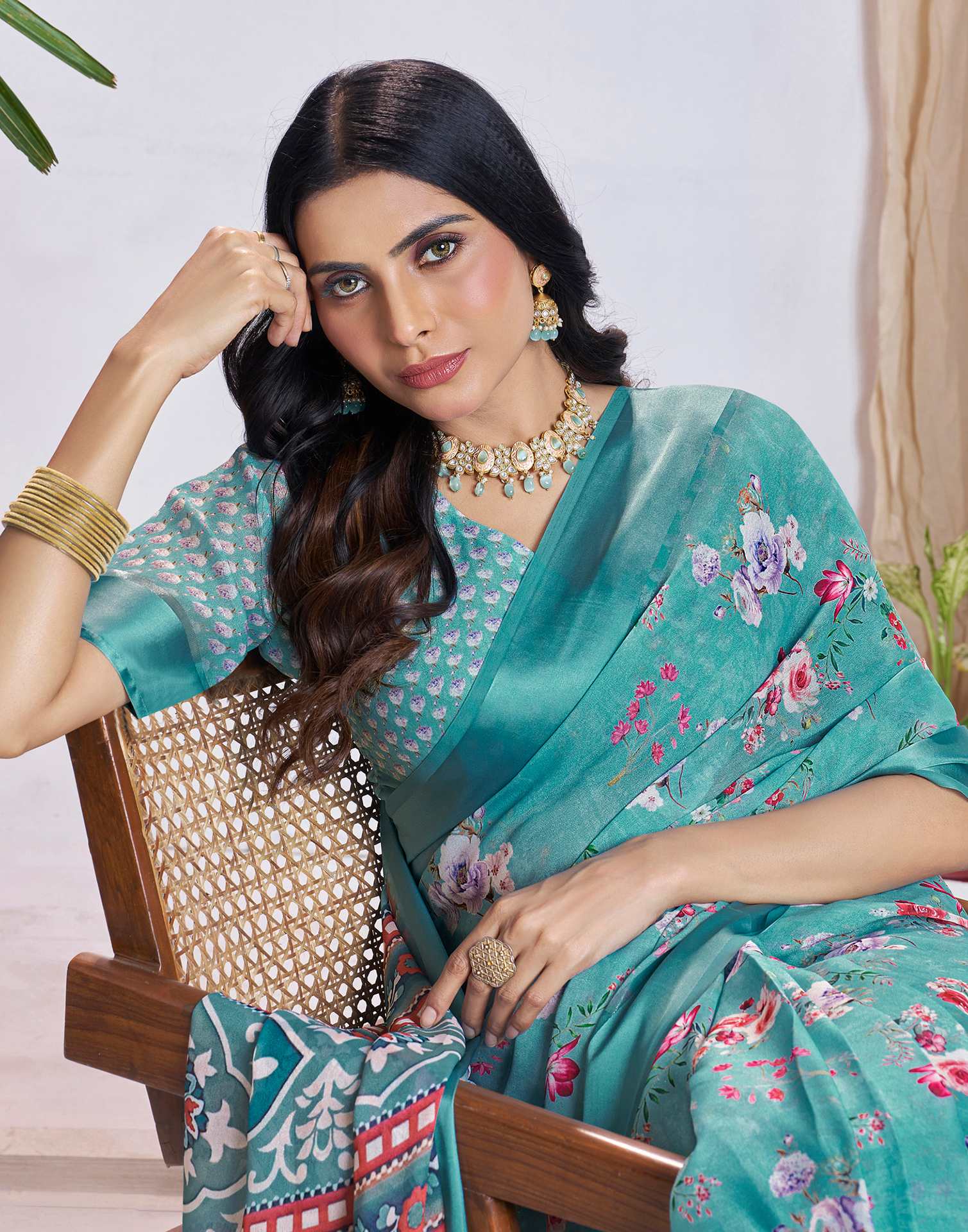 Ready To Wear Dusty Turquoise Georgette Floral Printed Saree