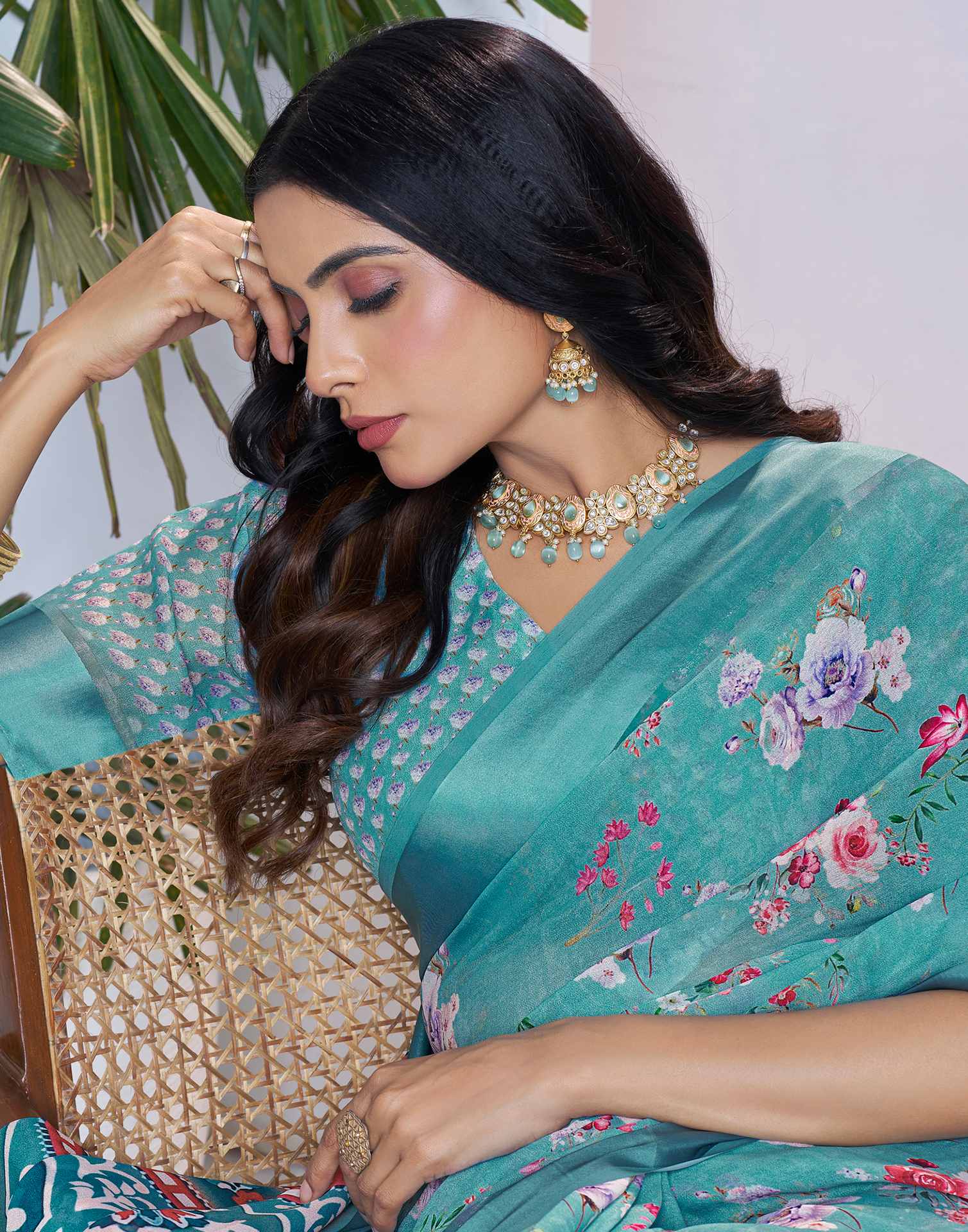 Ready To Wear Dusty Turquoise Georgette Floral Printed Saree