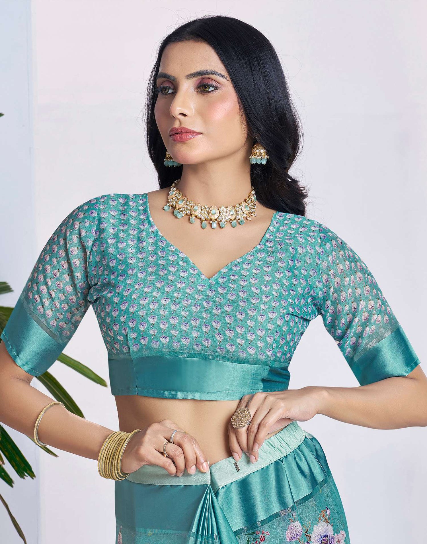 Ready To Wear Dusty Turquoise Georgette Floral Printed Saree