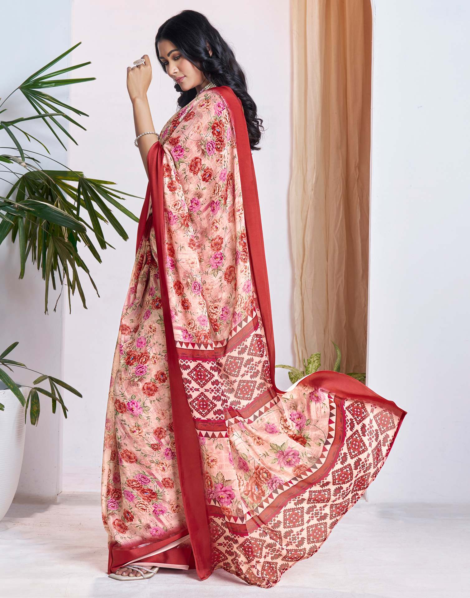Ready To Wear Light Peach Georgette Floral Printed Saree