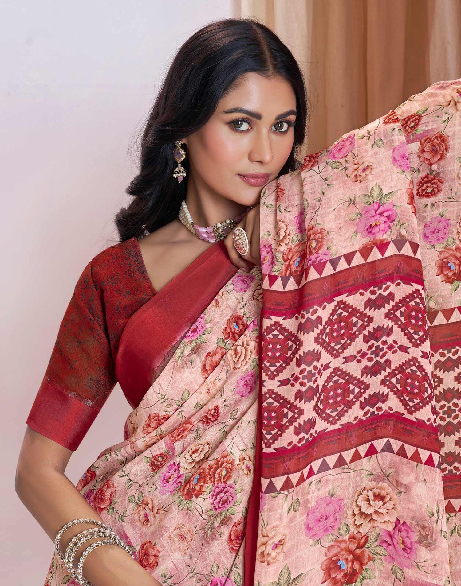 Ready To Wear Light Peach Georgette Floral Printed Saree