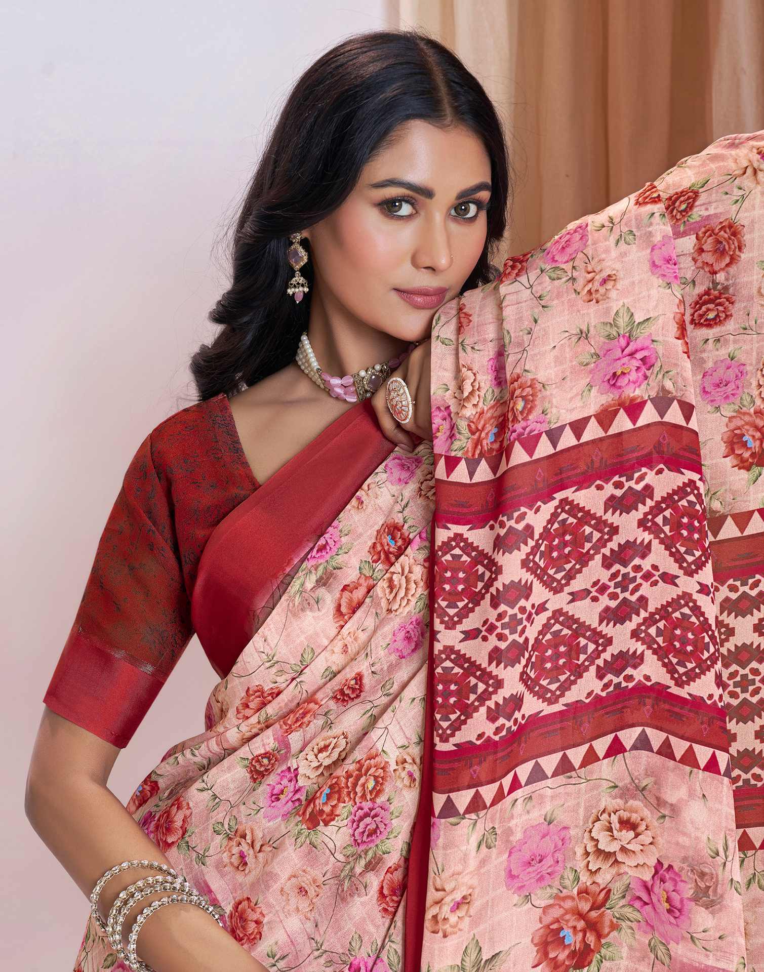 Ready To Wear Light Peach Georgette Floral Printed Saree