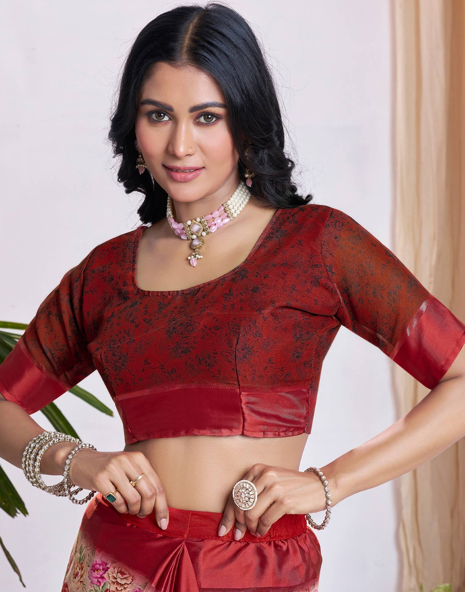 Ready To Wear Light Peach Georgette Floral Printed Saree
