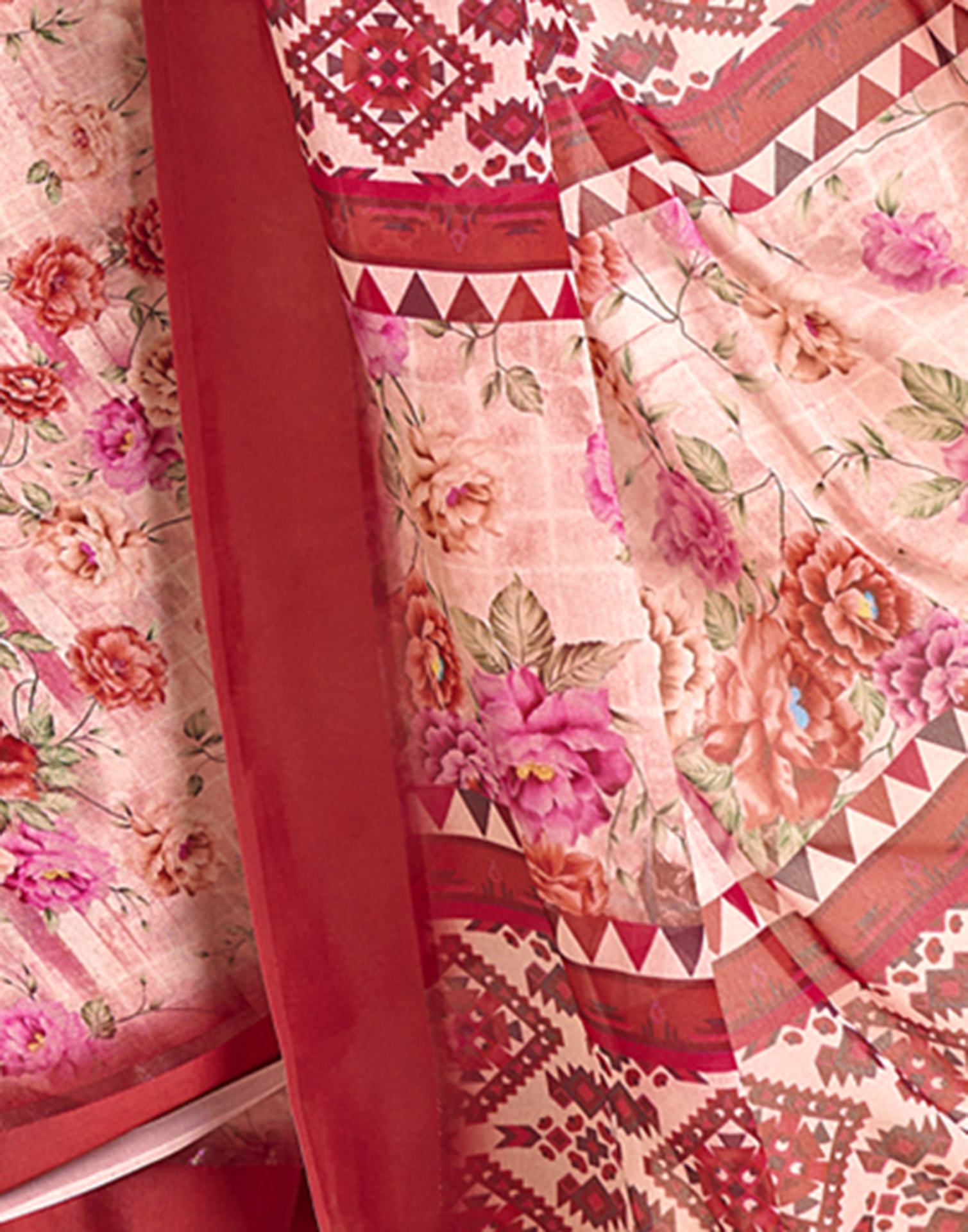 Ready To Wear Light Peach Georgette Floral Printed Saree