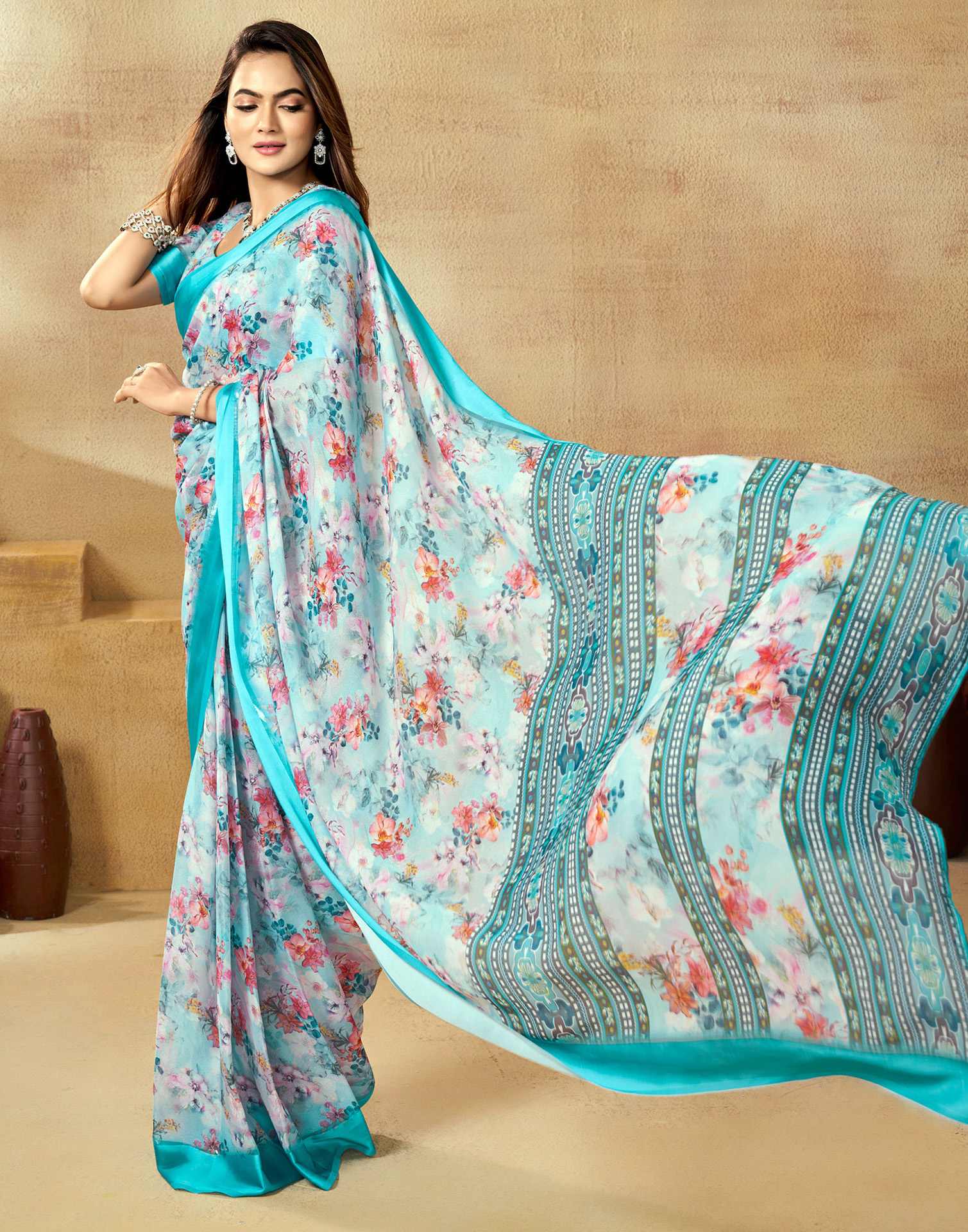 Ready To Wear Sea Blue Georgette Floral Printed Saree