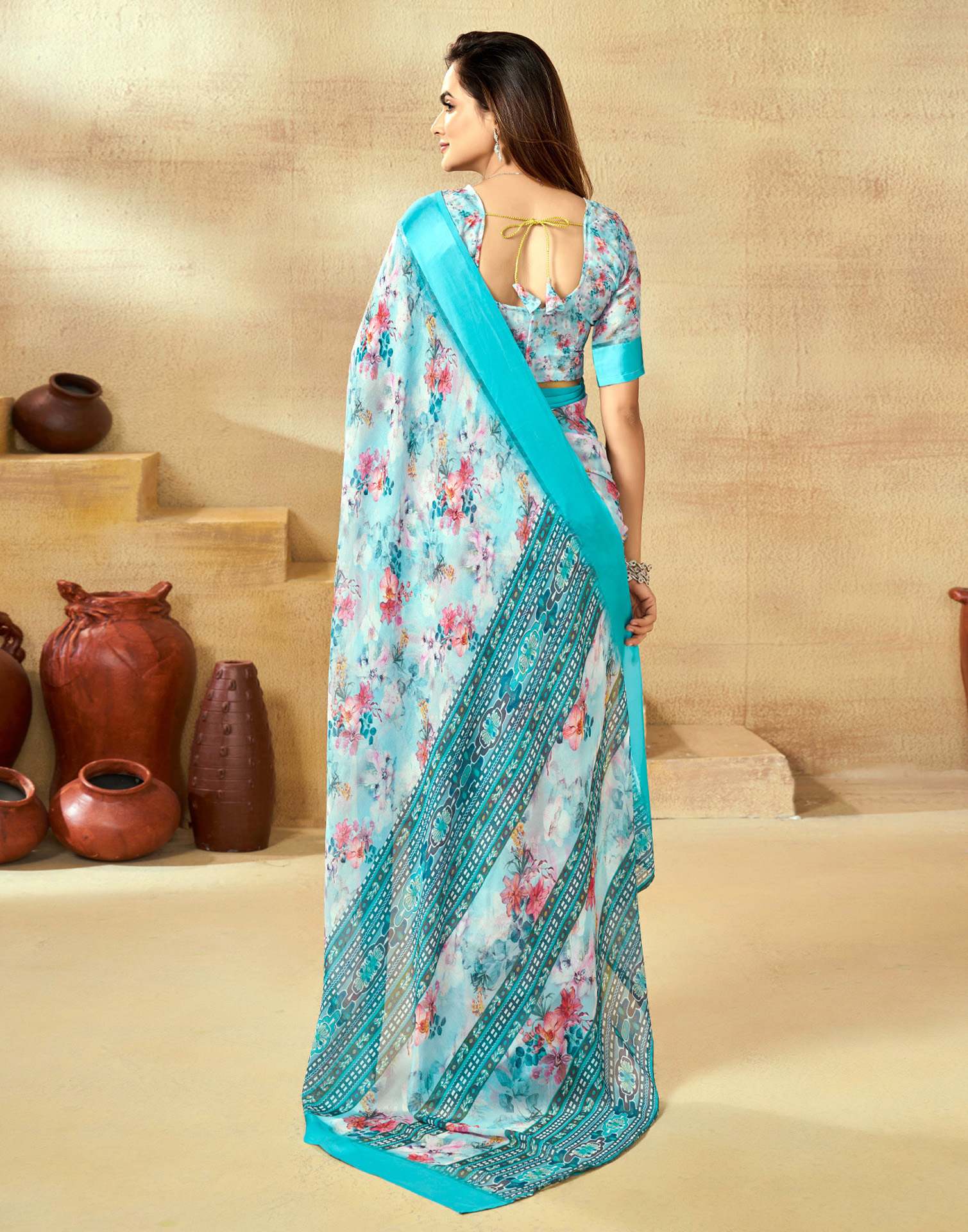 Ready To Wear Sea Blue Georgette Floral Printed Saree