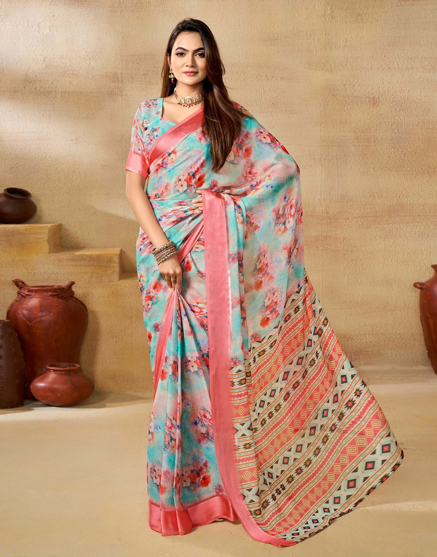 Ready To Wear Sea Green Georgette Floral Printed Saree
