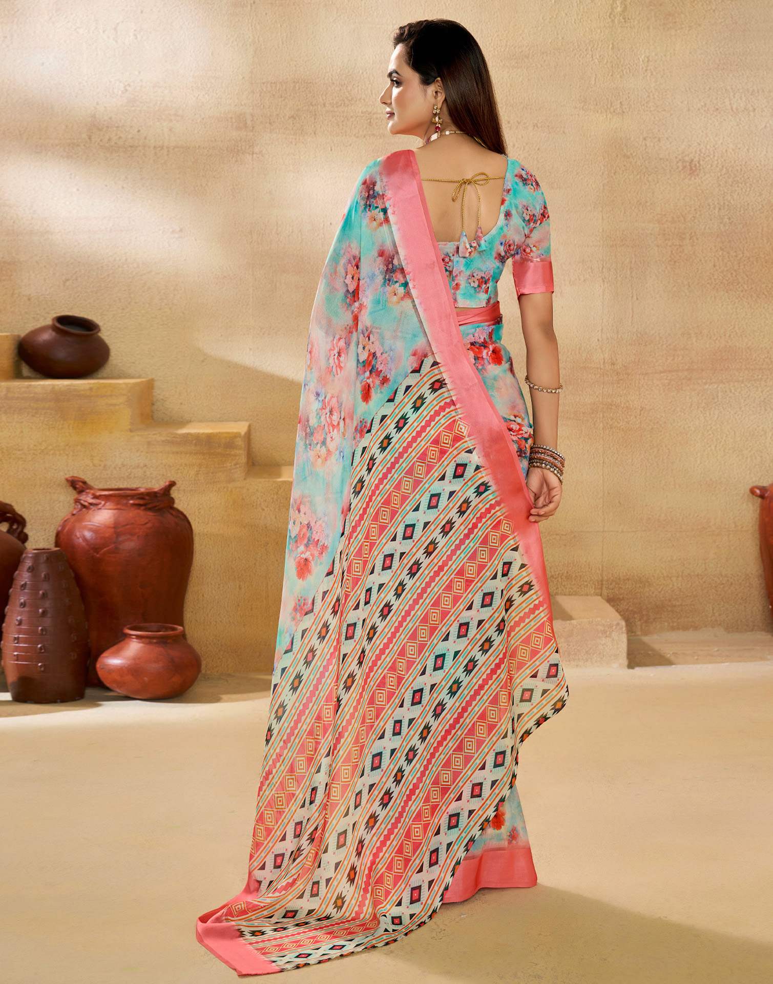 Ready To Wear Sea Green Georgette Floral Printed Saree