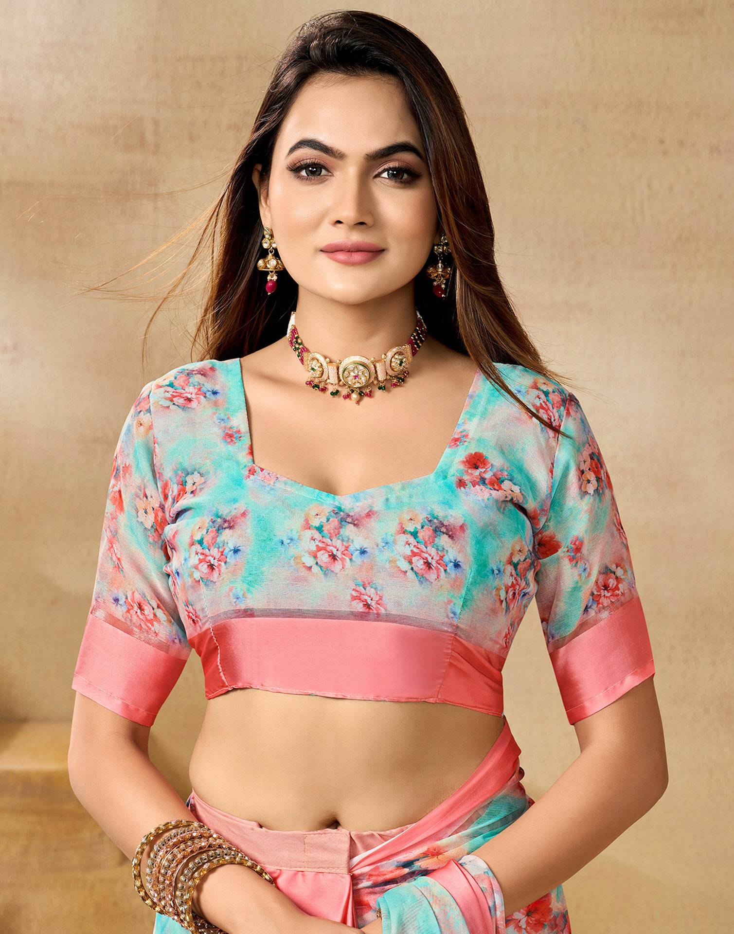 Ready To Wear Sea Green Georgette Floral Printed Saree