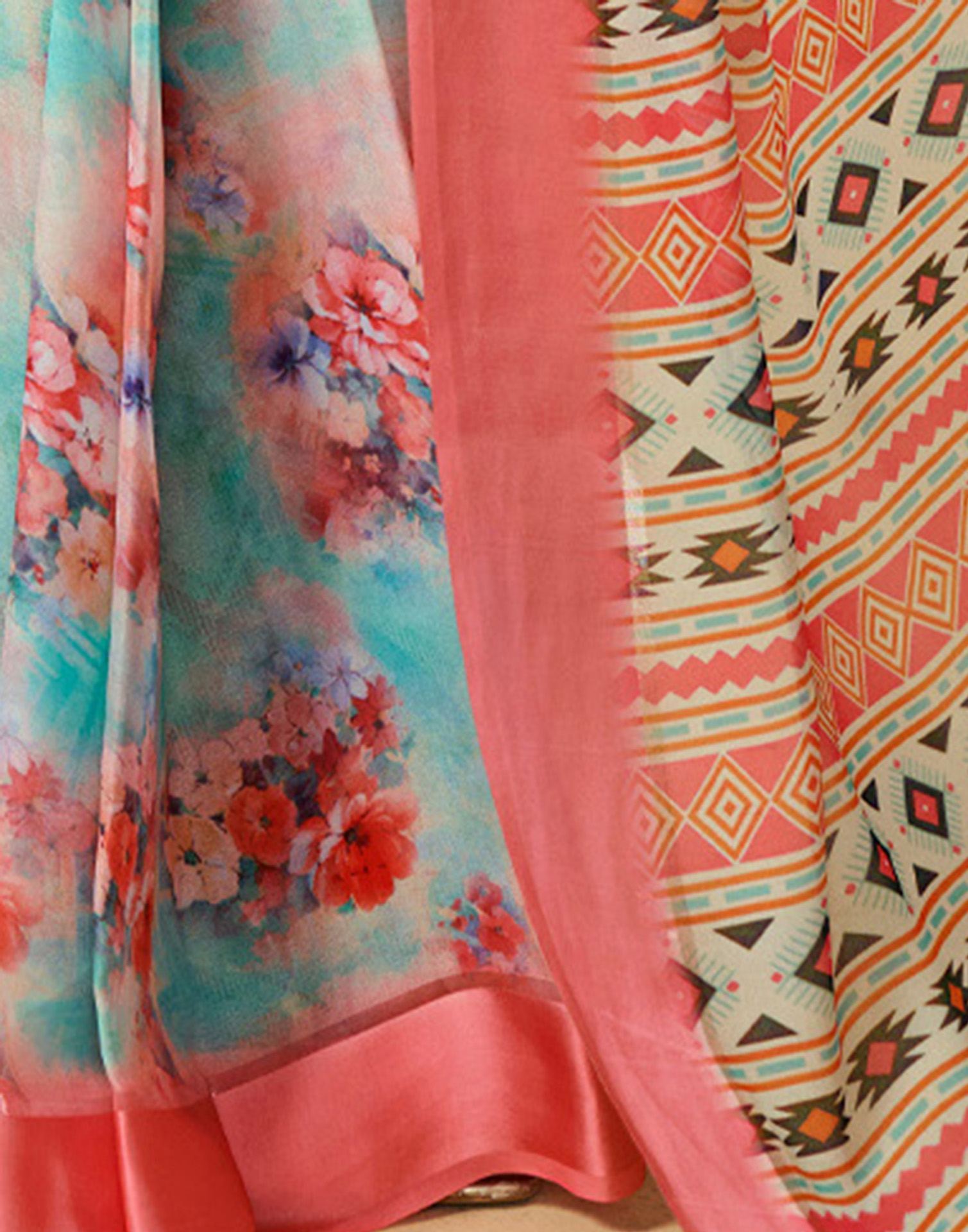 Ready To Wear Sea Green Georgette Floral Printed Saree
