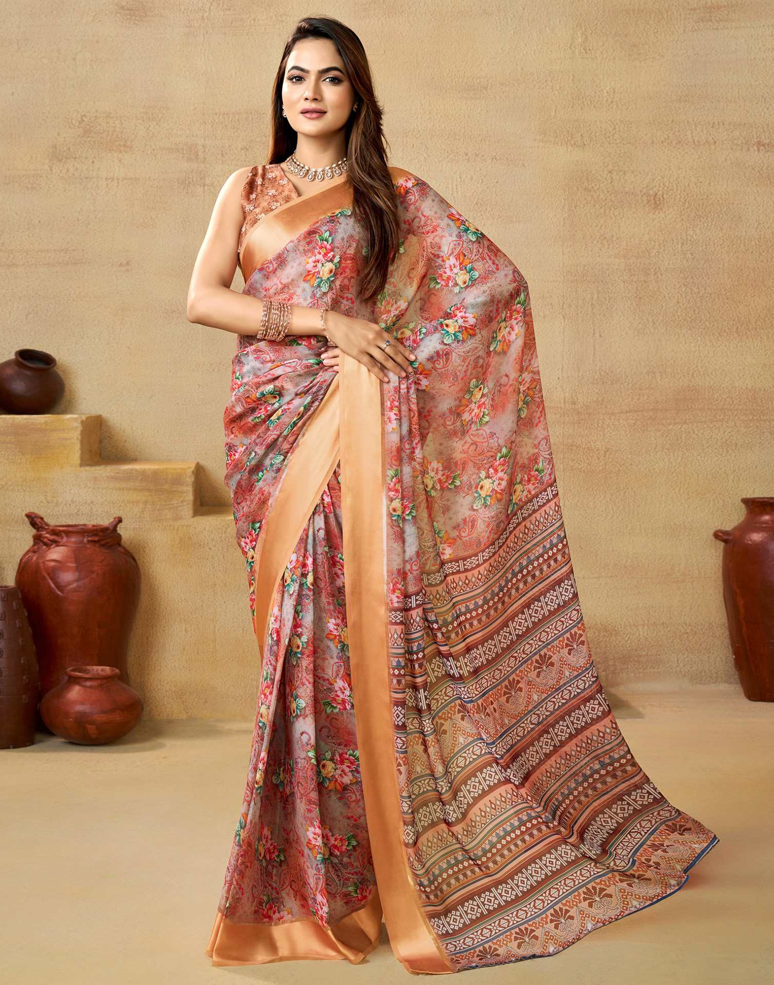 Ready To Wear Peach Georgette Floral Printed Saree