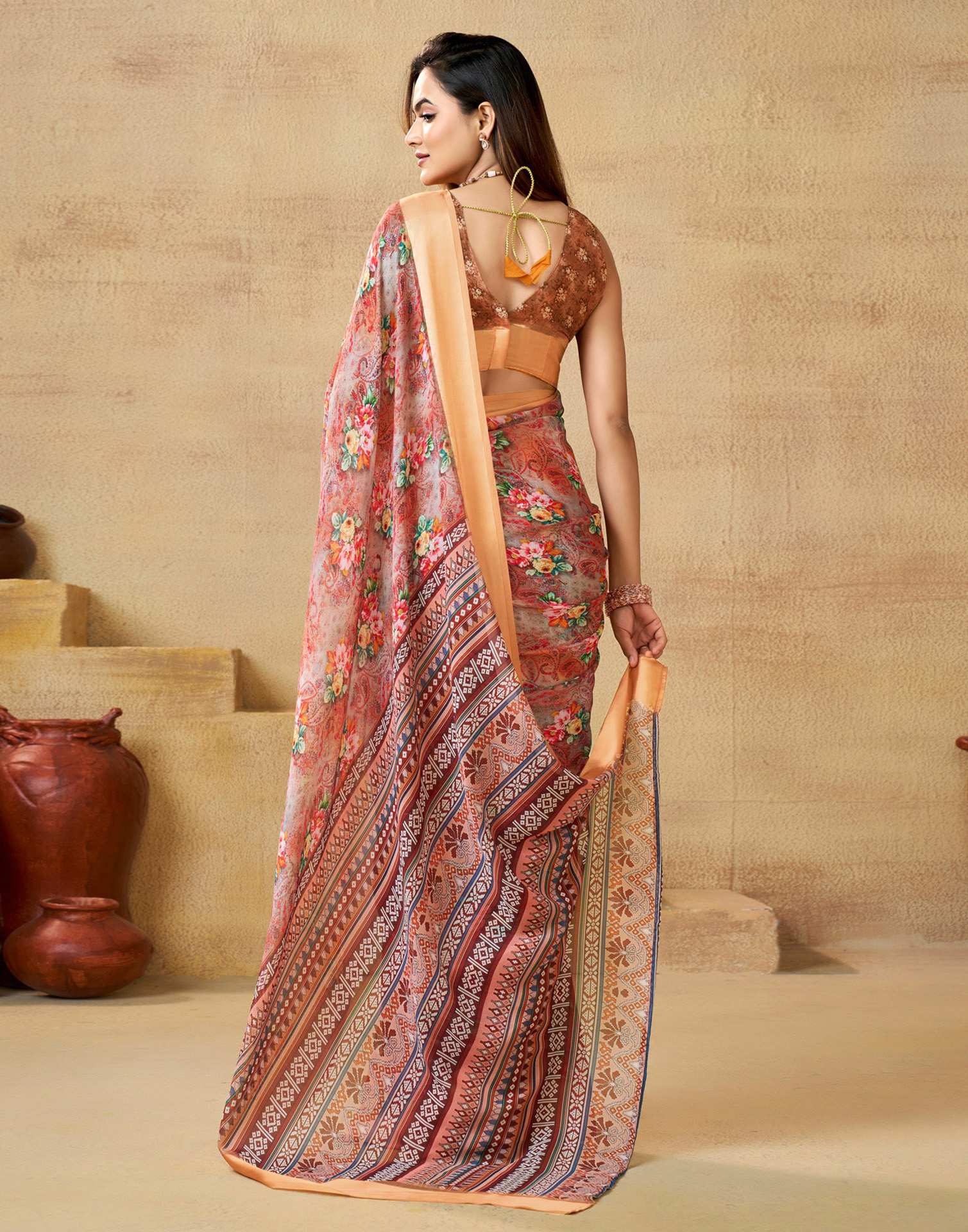 Ready To Wear Peach Georgette Floral Printed Saree